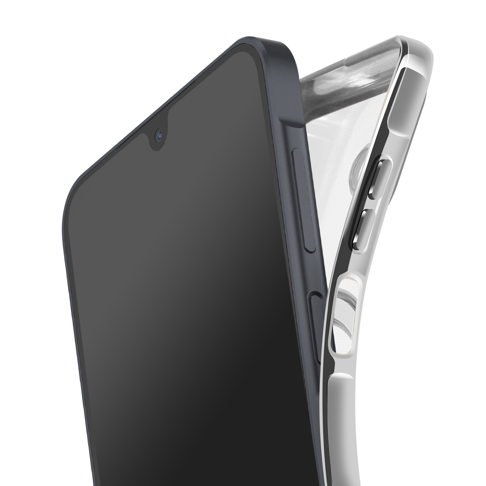 Een smartphone met zwart scherm naast een doorzichtige telefoonhoes. De hoes heeft knoppen. Witte achtergrond.