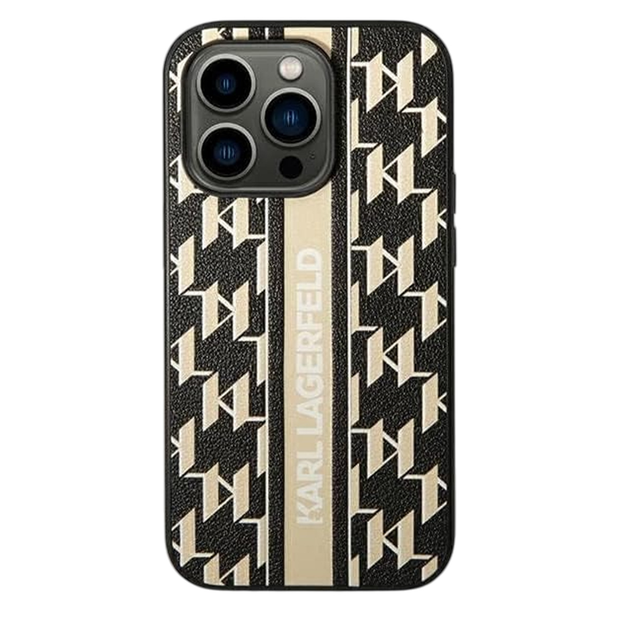 Una custodia per telefono con un motivo nero e beige. Presenta il logo Karl Lagerfeld. La custodia ha un modulo fotocamera con tre lenti.