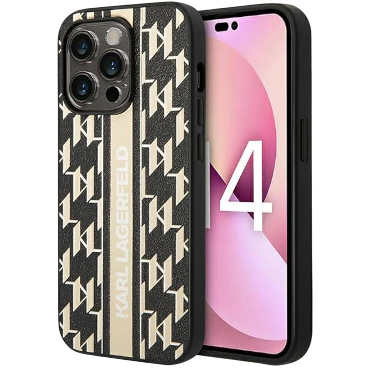 Un telefono in una custodia nera con stampa Karl Lagerfeld. Lo schermo mostra un design rosa e bianco con il numero 4.