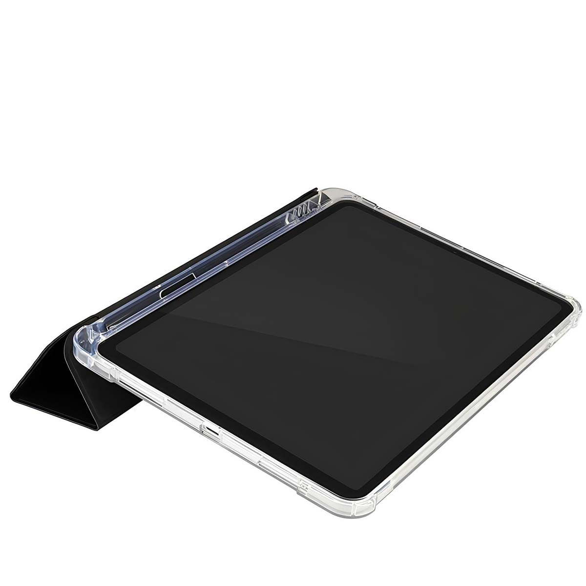 Un tablet con custodia protettiva trasparente e schermo nero è appoggiato su una cover nera, su sfondo bianco.