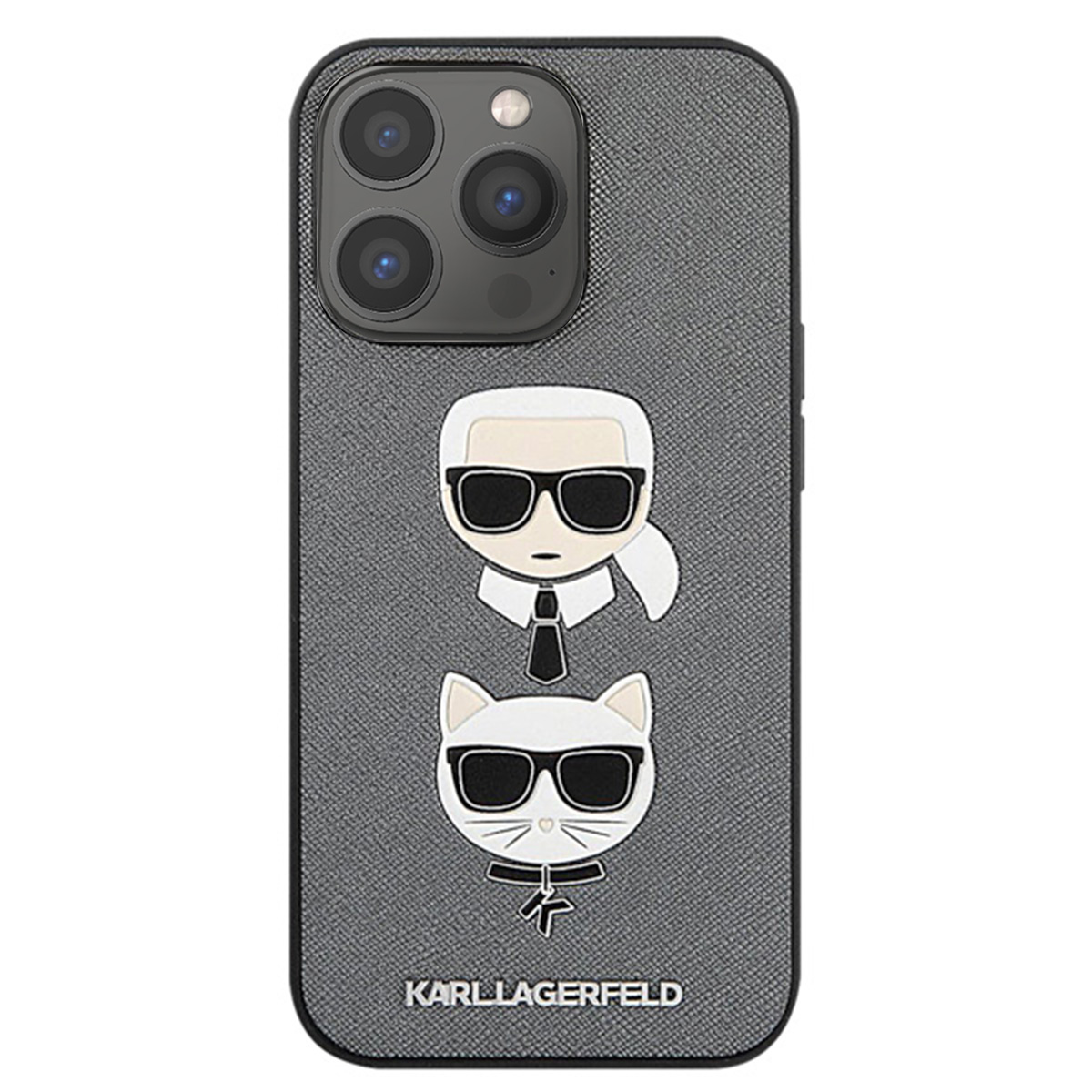 Una custodia per telefono con uno sfondo grigio strutturato con due figure di Karl Lagerfeld. La figura superiore è un umano, quella inferiore è un gatto.