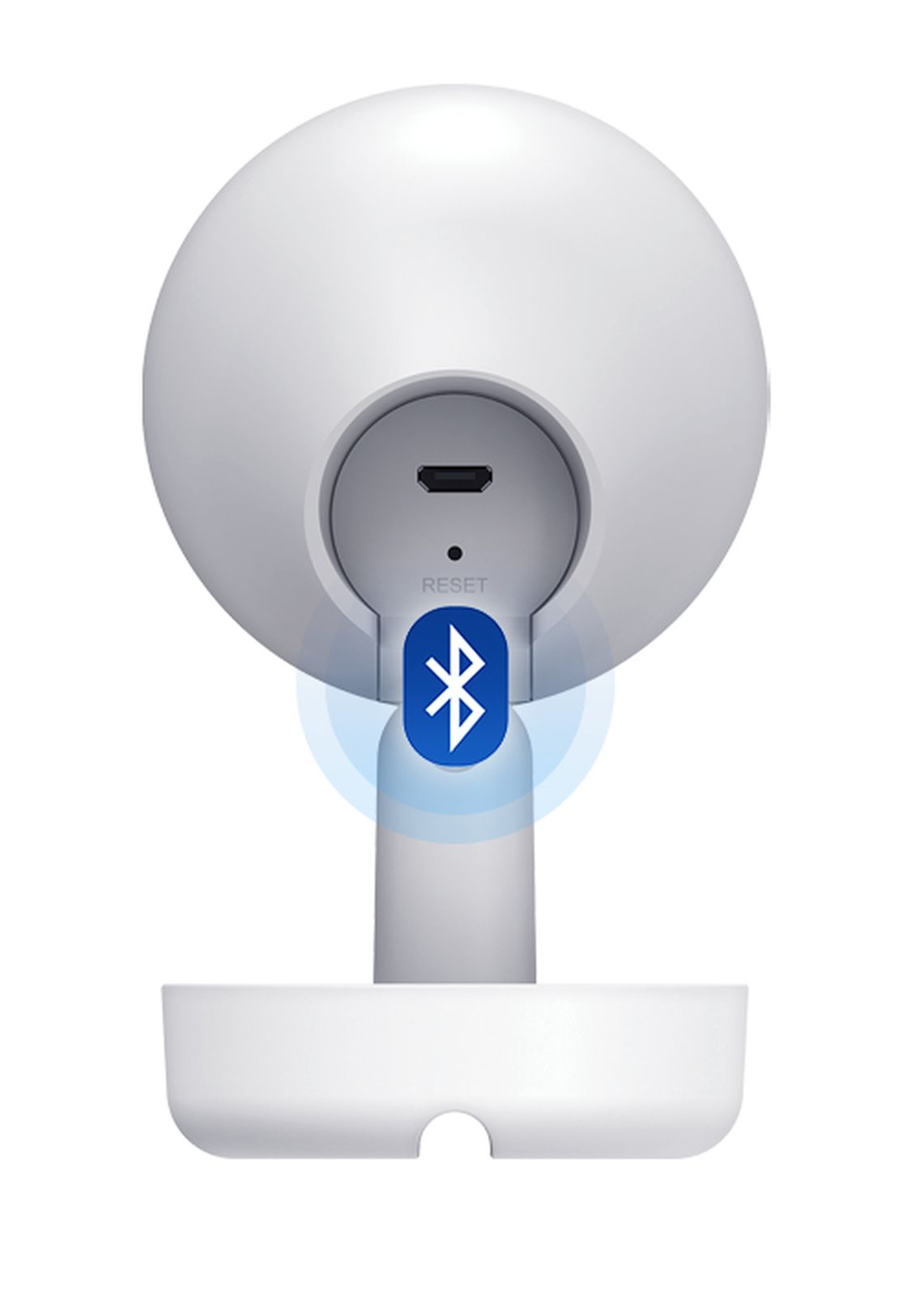 Białe, zaokrąglone urządzenie z symbolem Bluetooth. Ma przycisk resetowania i port ładowania. Podstawa jest biała i ma zakrzywiony kształt.
