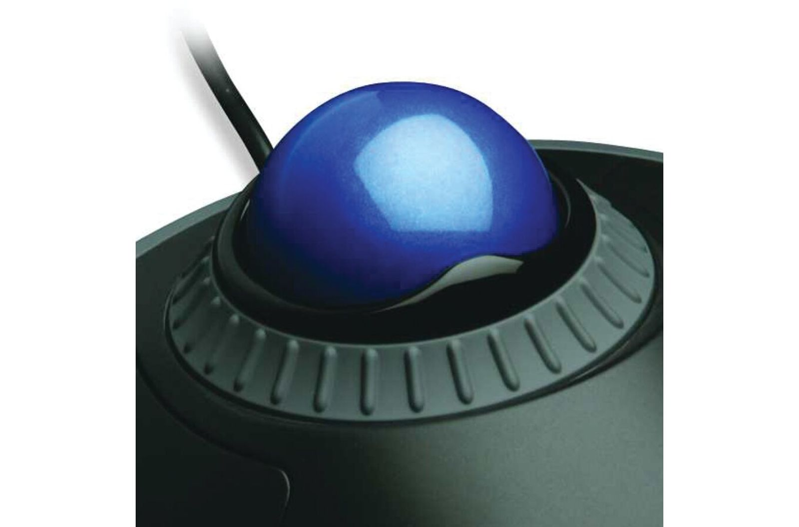 A close-up of a trackball mouse. A blue ball sits in a dark grey base, with a black cable attached.