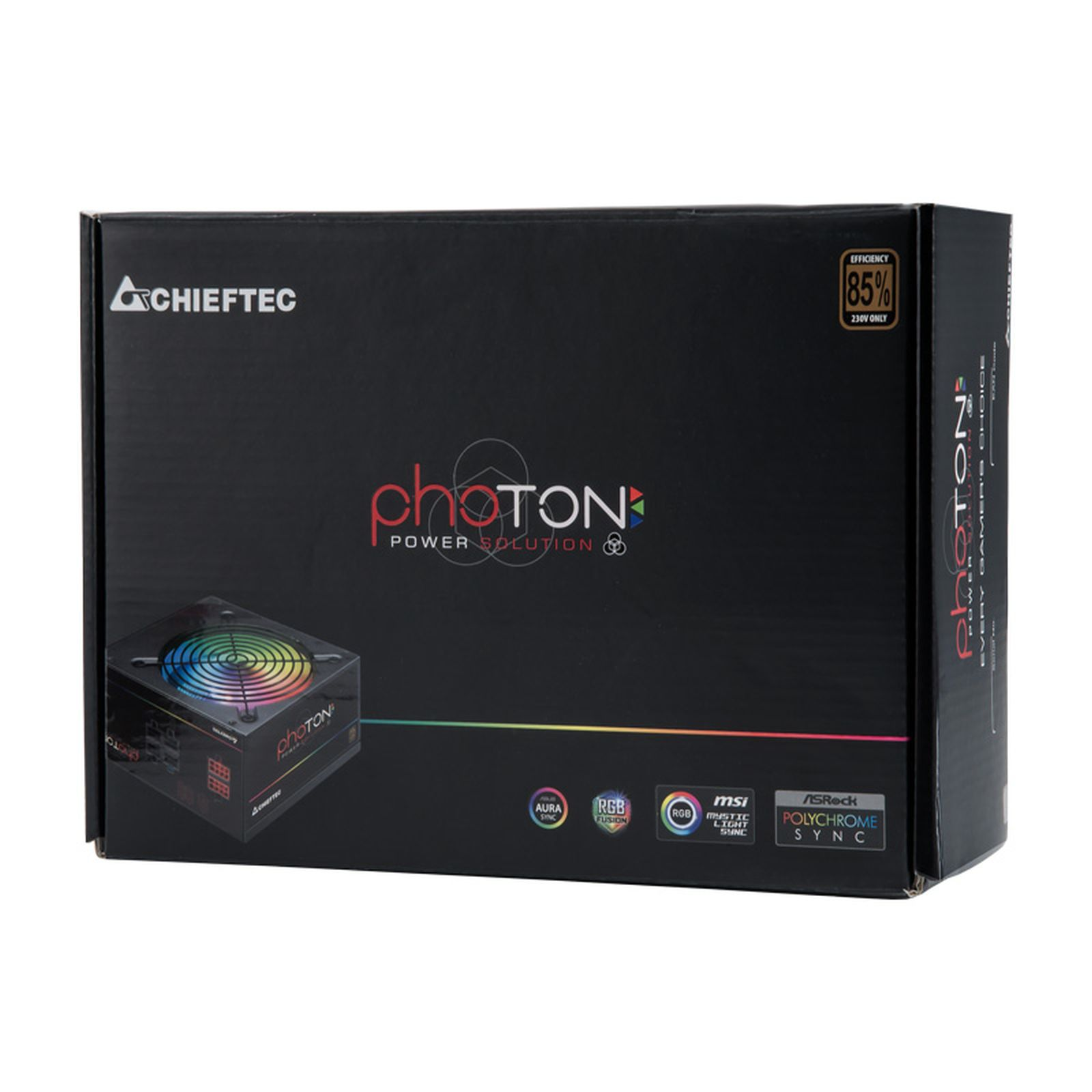 Schwarze Box eines Chieftec Photon Netzteils mit farbenfroher Lüfterabbildung auf der Vorderseite.