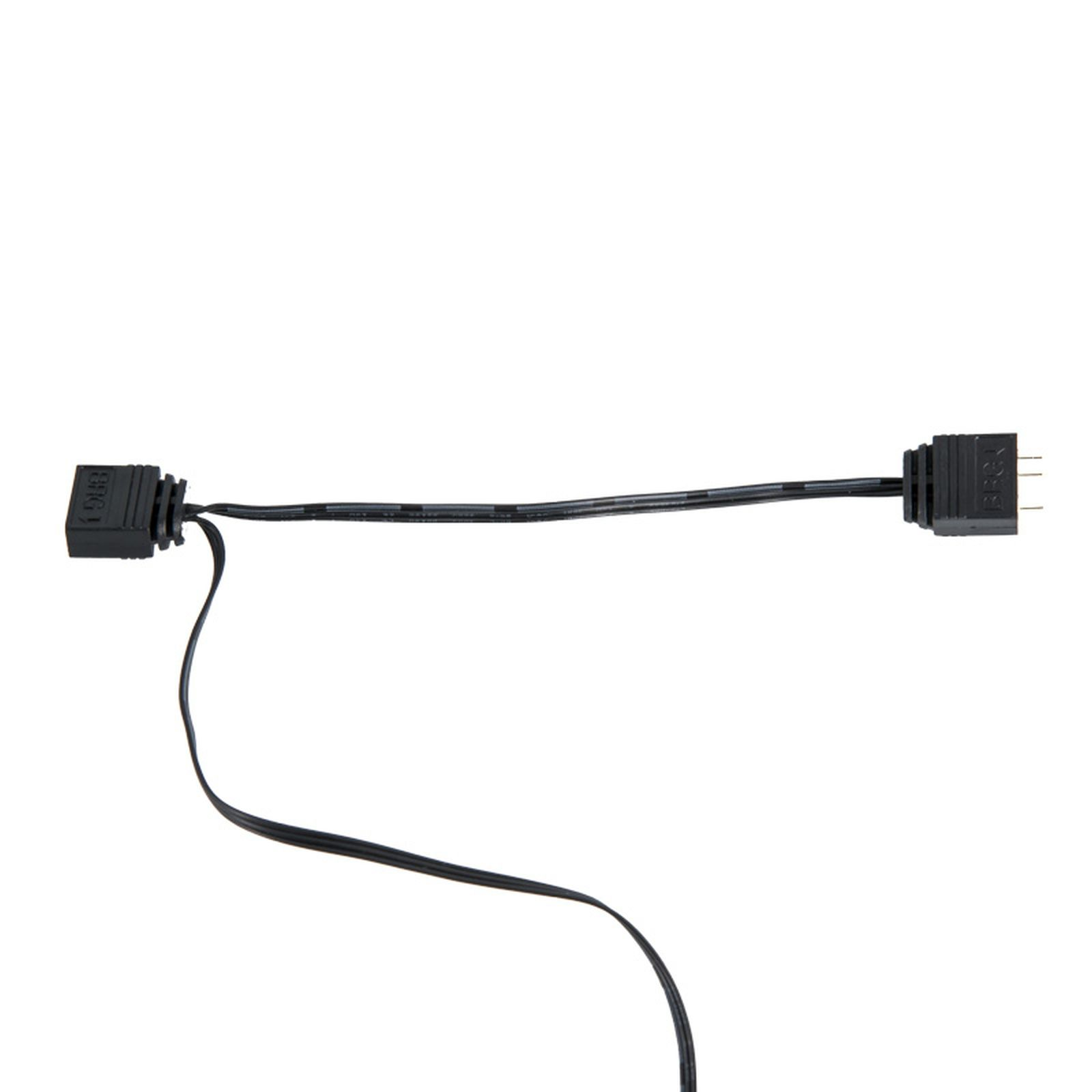 Ein schwarzes Anschlusskabel erstreckt sich über einen weißen Hintergrund. Ein Ende hat einen quadratischen Stecker, das andere einen rechteckigen.