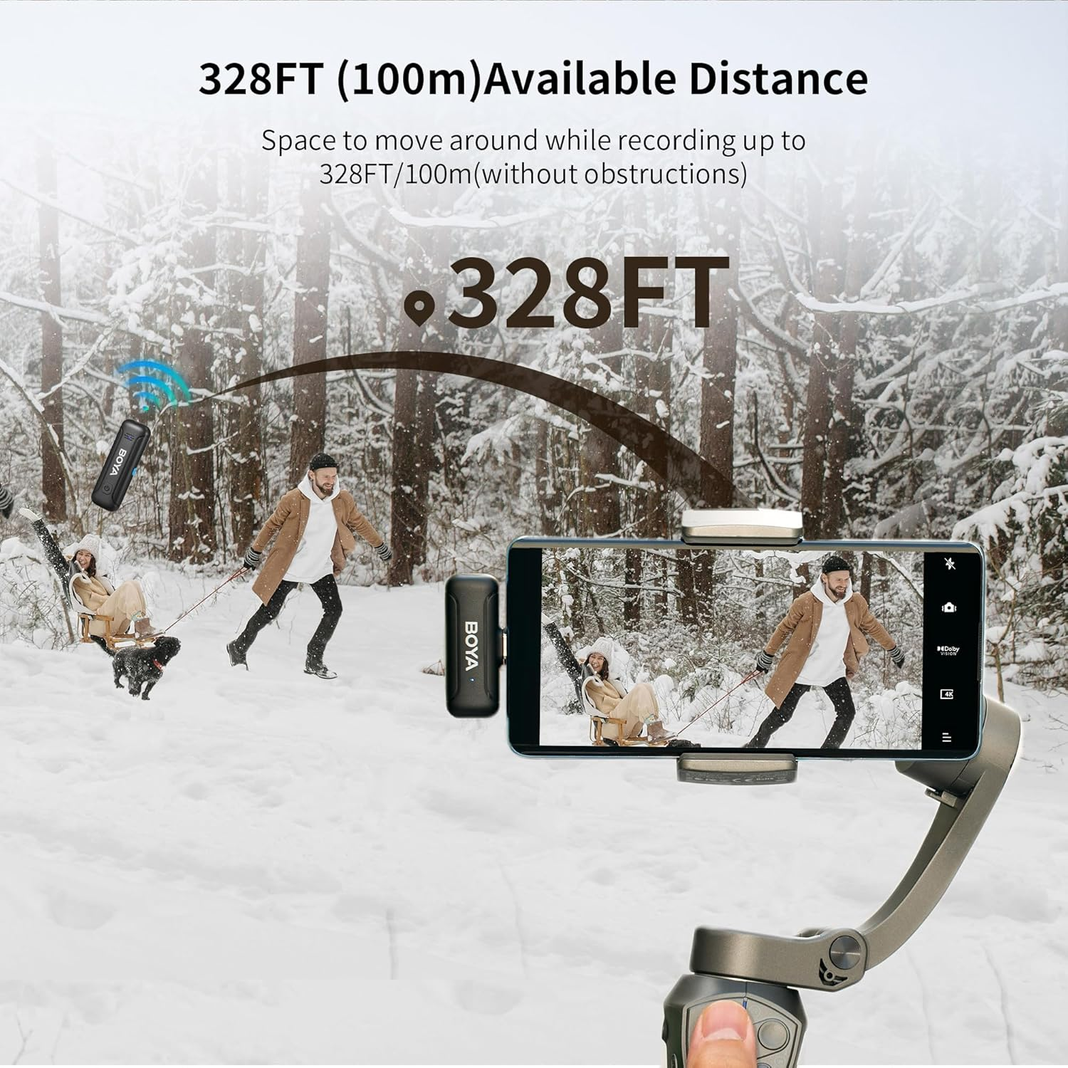 Een persoon neemt een stel op dat in de sneeuw speelt met een hond, met een telefoon op een gimbal. Het scherm toont de scène.