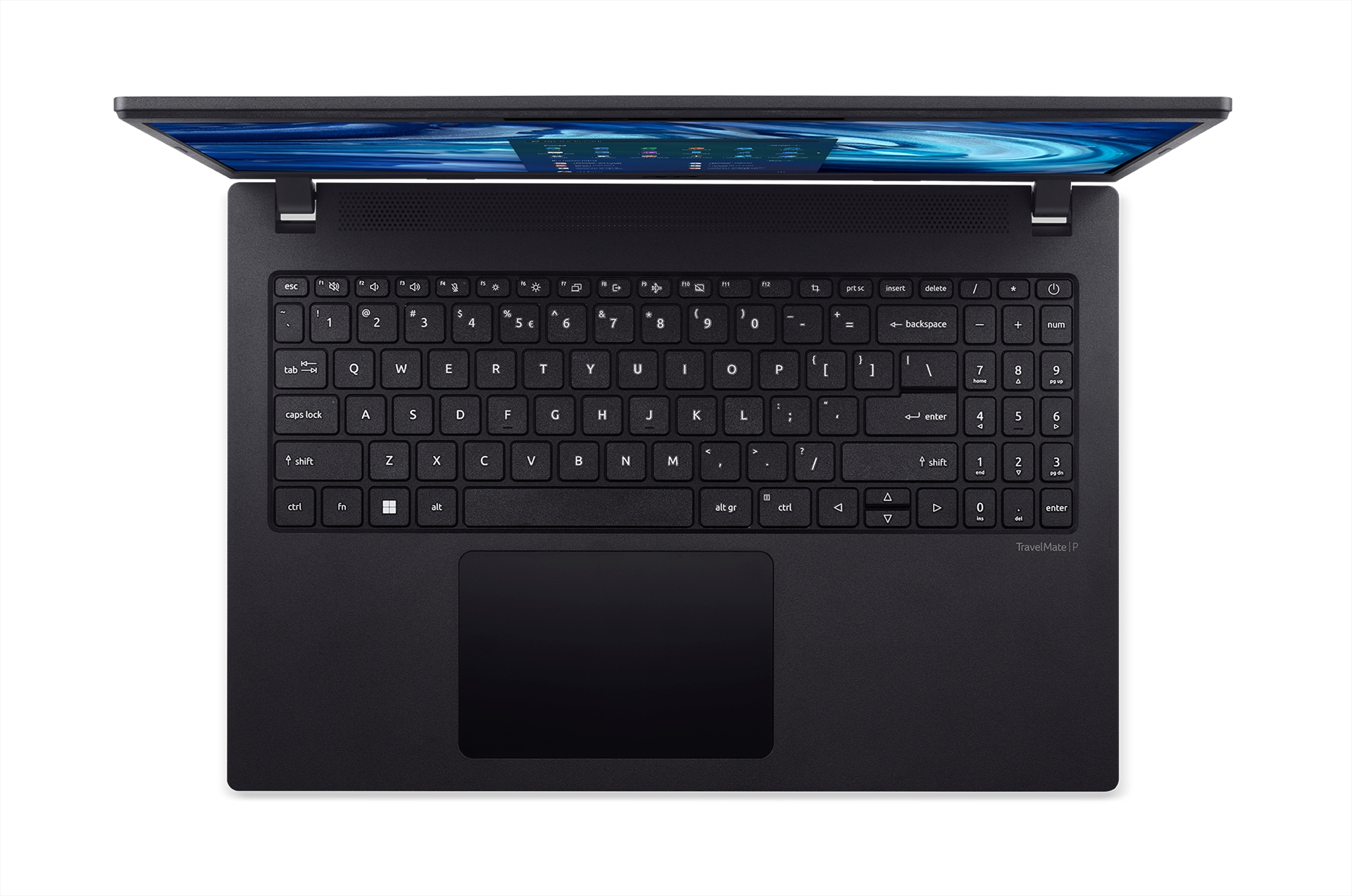 Laptop nero, aperto, mostra tastiera e schermo. Tastiera con lettere bianche su tasti neri. Schermo mostra sfondo blu.
