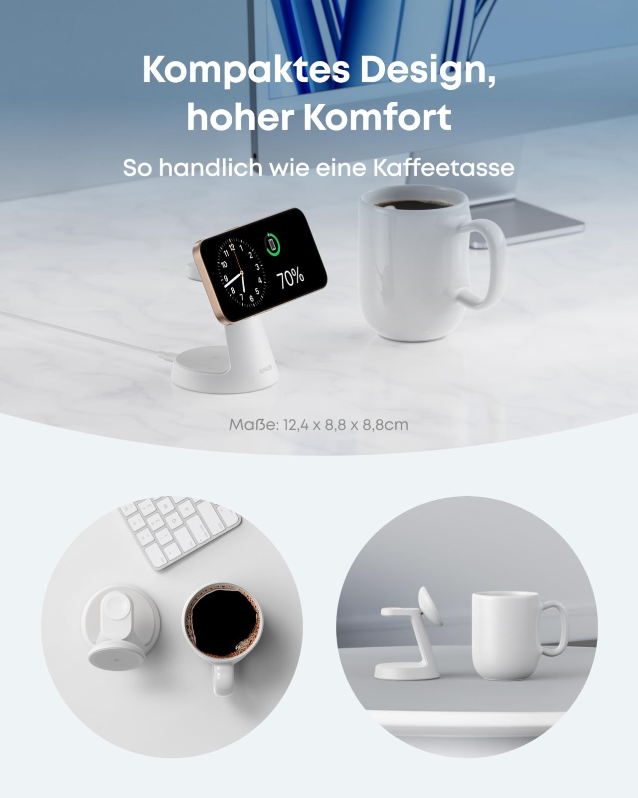 Eine Apple Watch, die auf einem weißen Ständer geladen wird, neben einer weißen Kaffeetasse. Die Uhr zeigt 70% Akku und die Uhrzeit.