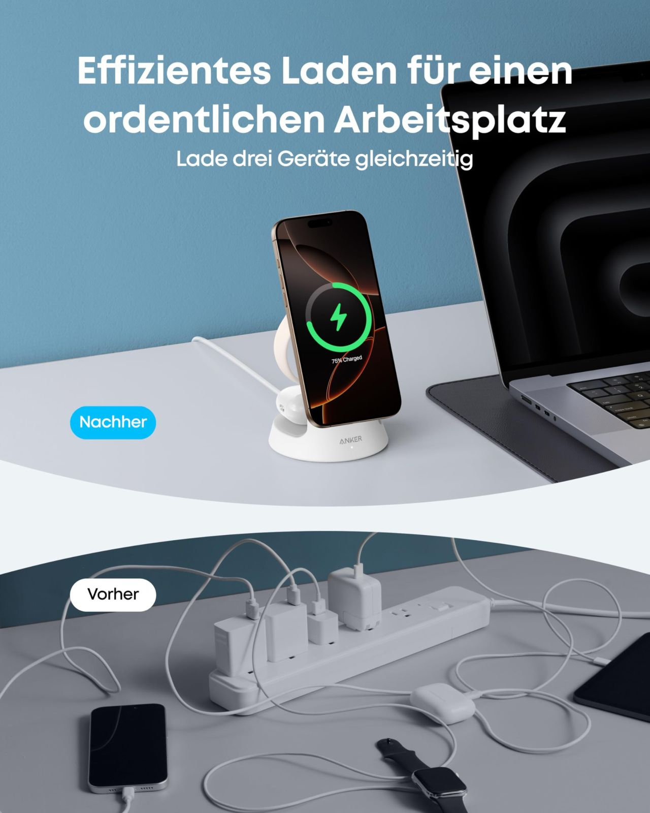 Ein ladendes Telefon, ein Laptop und eine Steckdosenleiste mit Ladegeräten sind abgebildet. Text deutet auf effizientes Laden hin.