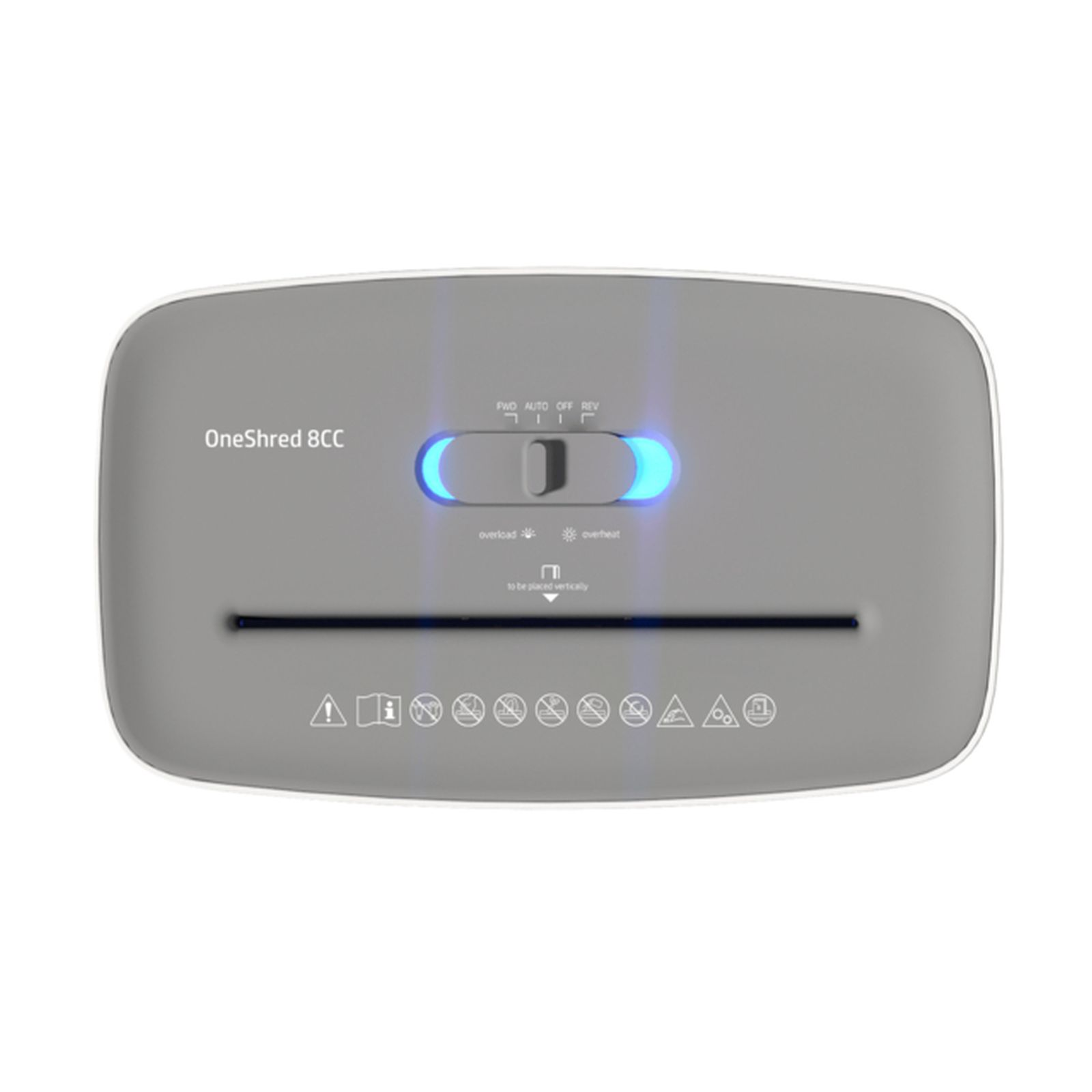 Szara niszczarka do papieru OneShred 8CC. Posiada panel sterowania z opcjami zasilania, auto, wyłączania i cofania. Niszczarka znajduje się na białym tle.