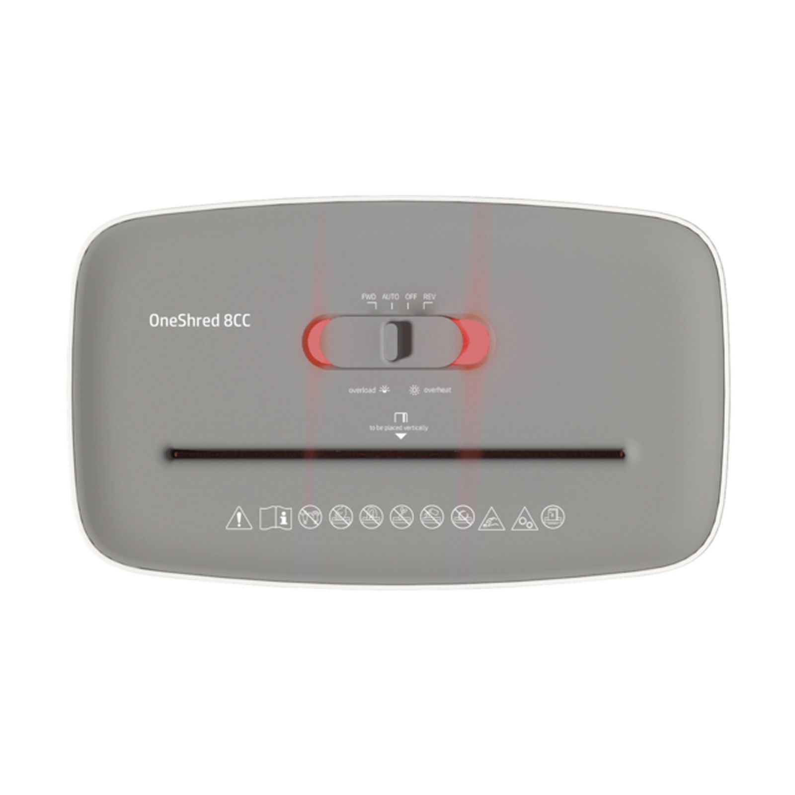 Szara niszczarka do papieru z panelem sterowania pokazującym opcje włączania, automatycznego, wyłączania i wstecznego. Posiada wskaźnik przeciążenia i przegrzania.