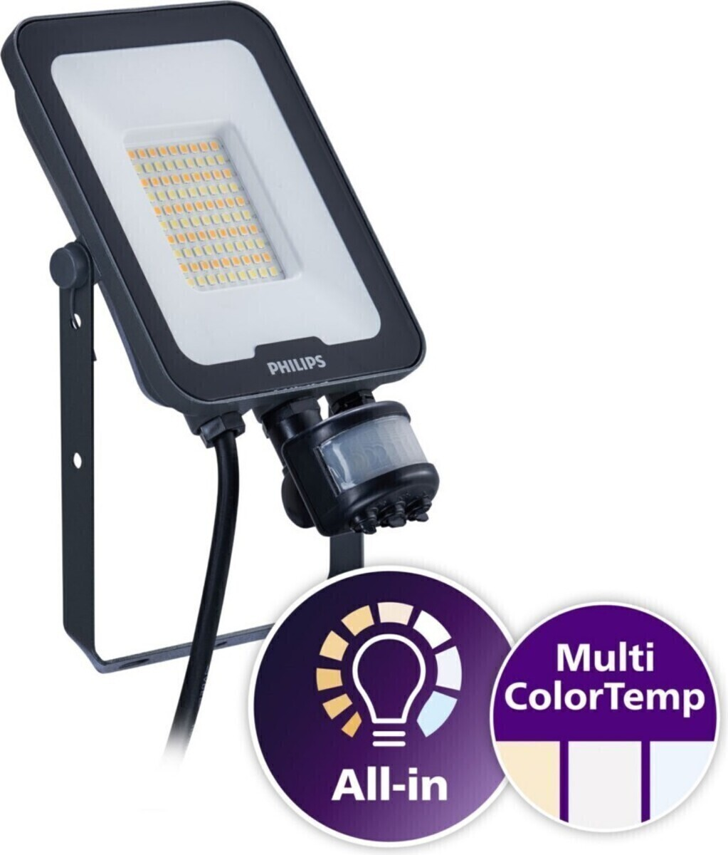 Schwarzer Philips LED-Flutlichtstrahler mit Bewegungssensor. Bietet Optionen für mehrere Farbtemperaturen und "All-in"-Branding.