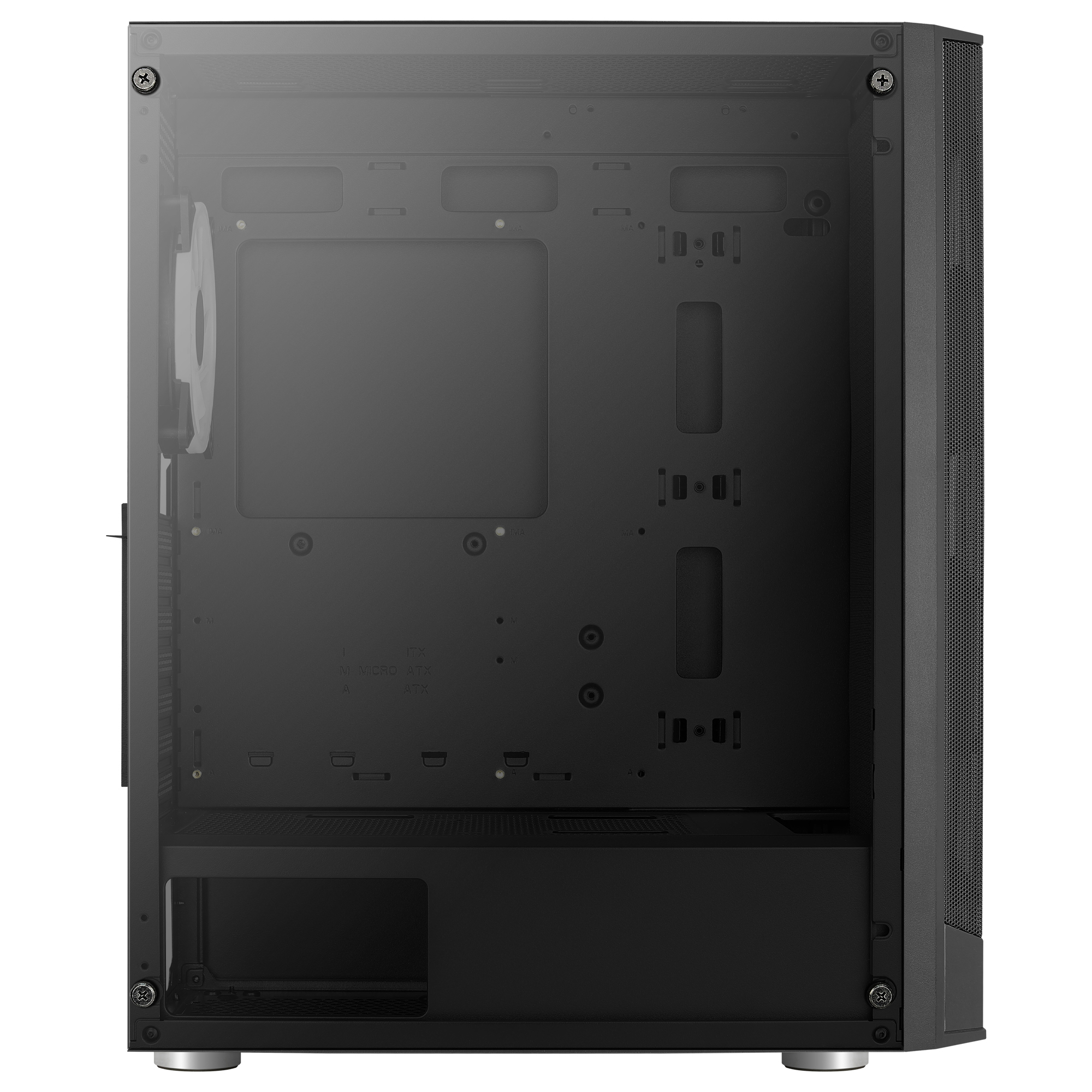 Un boîtier d'ordinateur est montré avec un panneau latéral transparent. Il est noir avec diverses ouvertures et points de montage.