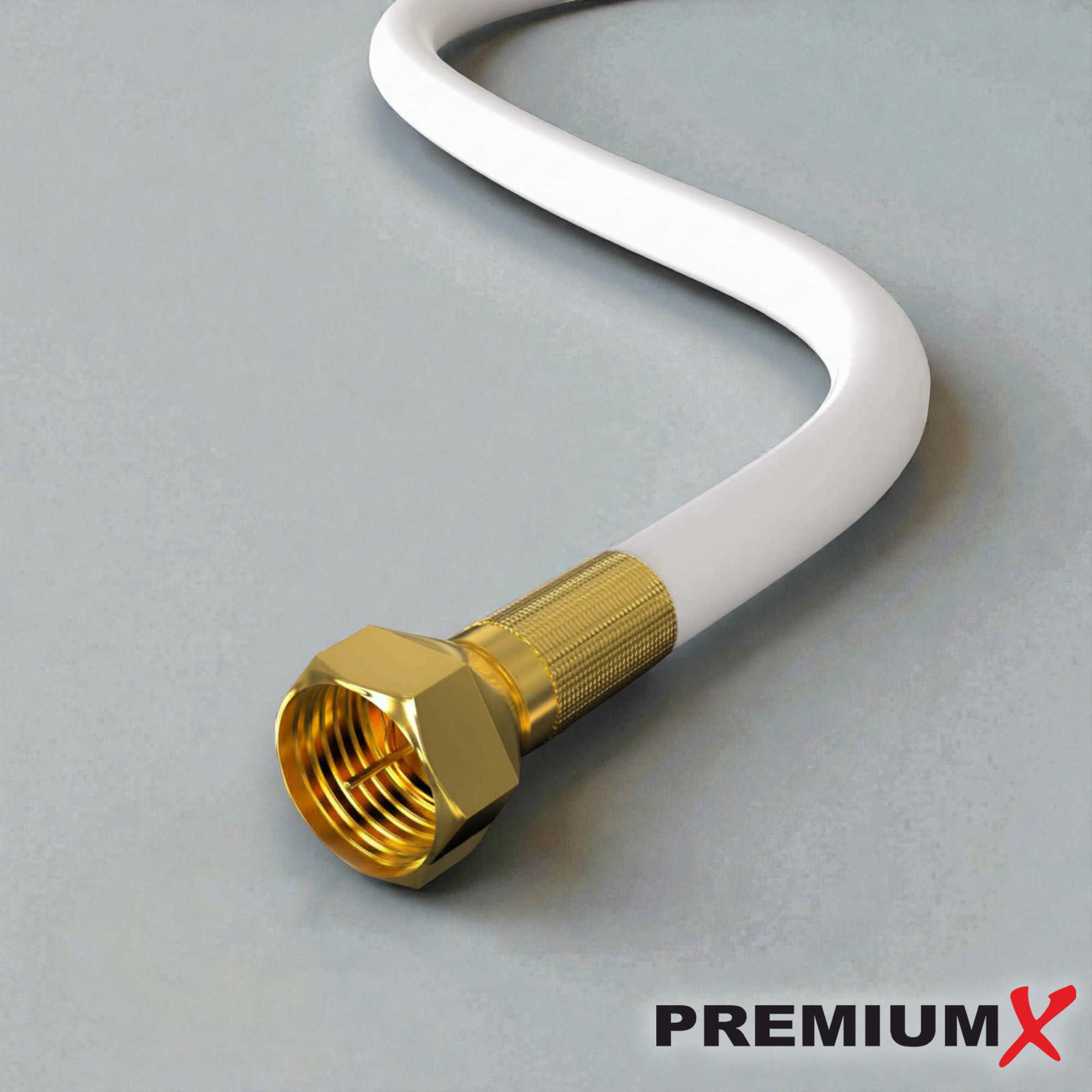Ein weißes Kabel mit einem goldenen Stecker liegt auf einer grauen Oberfläche. Das Kabel ist gekrümmt. Das Logo PREMIUM X ist sichtbar.