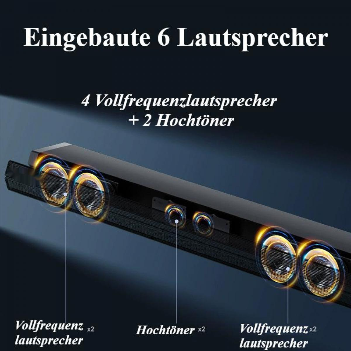 Eine Soundbar mit 6 Lautsprechern wird gezeigt. Sie hat 4 Breitbandlautsprecher und 2 Hochtöner. Etiketten zeigen die Lautsprechertypen.