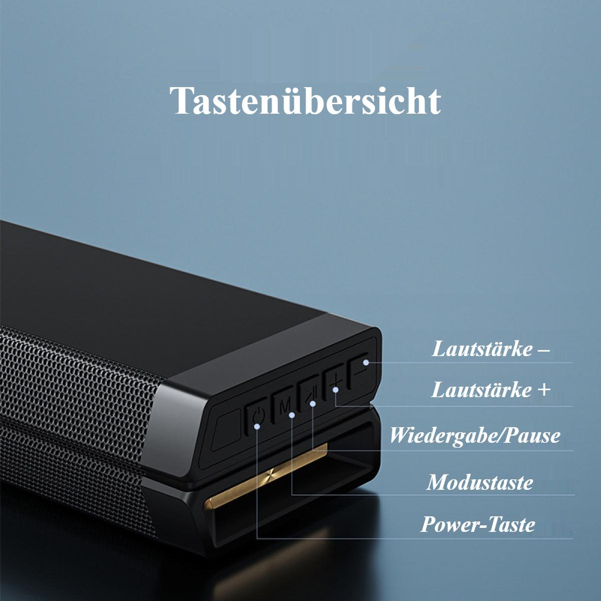 Ein schwarzer Lautsprecher mit Tastenbeschriftungen: Lautstärke runter, Lautstärke hoch, Wiedergabe/Pause, Modus und Power. Text 'Tastenübersicht' oben.