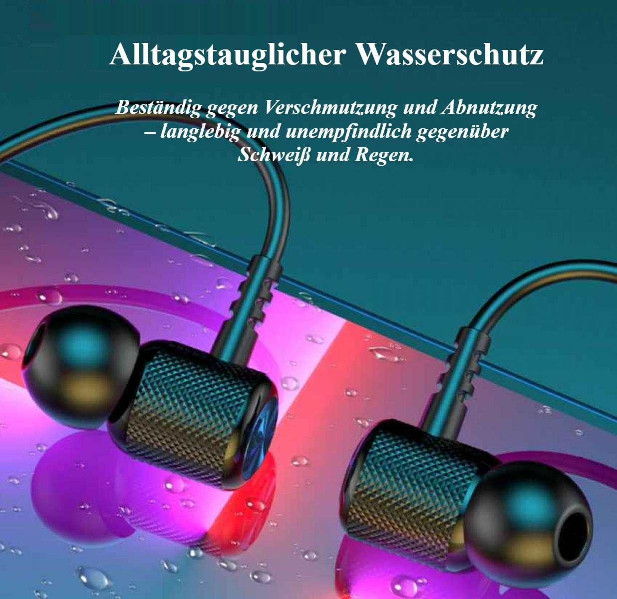 Zwei schwarze und tealfarbene Ohrhörer mit strukturiertem Design vor verschwommenem Hintergrund mit Text über Wasserbeständigkeit.