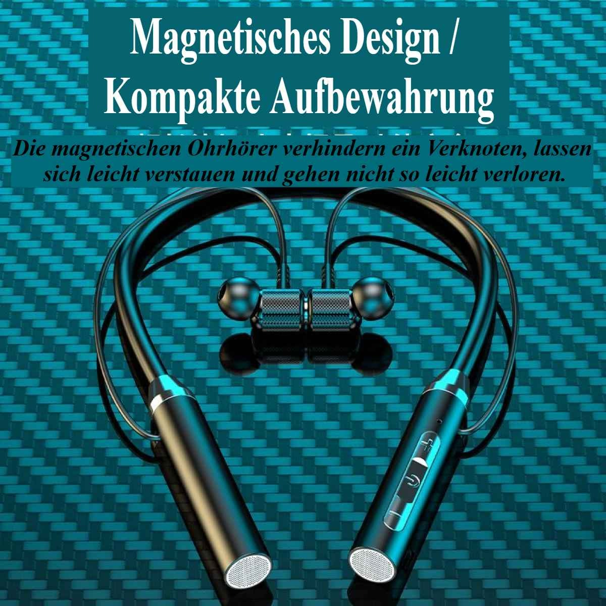 Schwarze und silberne kabellose Nackenbügel-Ohrhörer. Text: 'Magnetisches Design, kompakte Aufbewahrung'. Hintergrund blau.