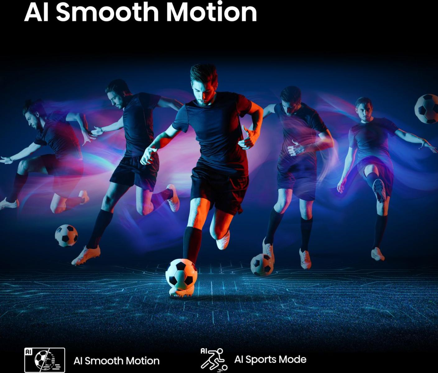 Piłkarze w ruchu z piłką. Obraz przedstawia dynamiczną scenę z efektami rozmycia ruchu i napisem 'AI Smooth Motion'.
