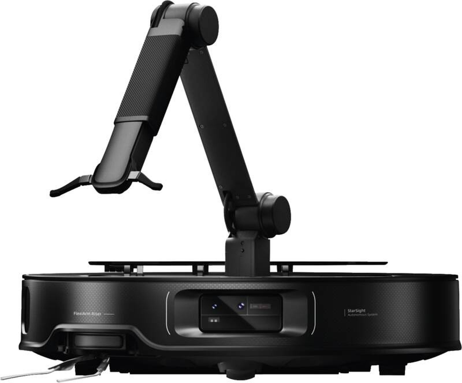 Ein schwarzes Robotergerät mit einem Gelenkarm. Es hat eine kreisförmige Basis und ein Kamerasystem. Der Arm erstreckt sich nach oben.