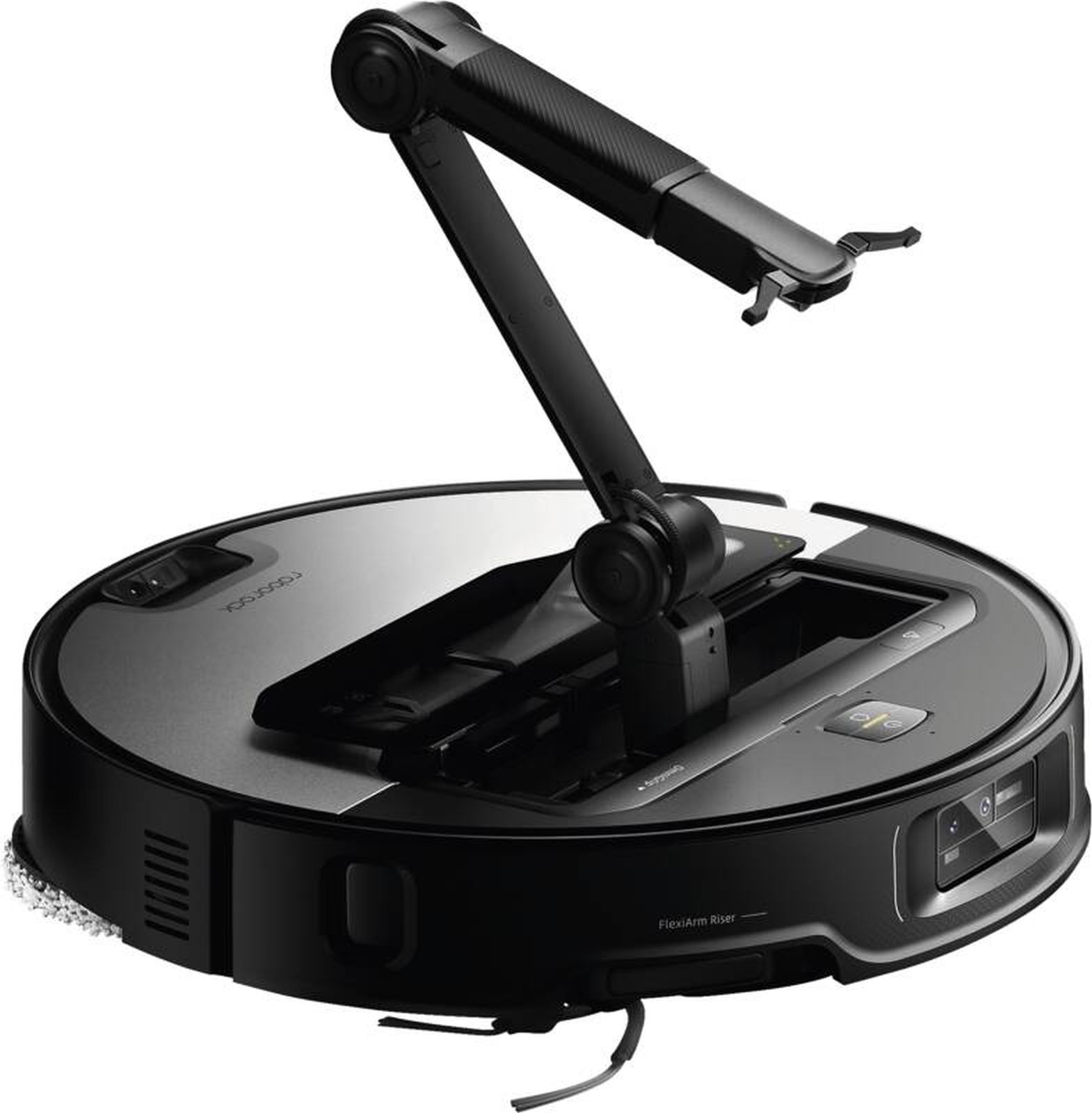 Schwarzer und grauer Roboter-Staubsauger mit beweglichem Arm. Er hat eine runde Basis und einen schwarzen Arm.