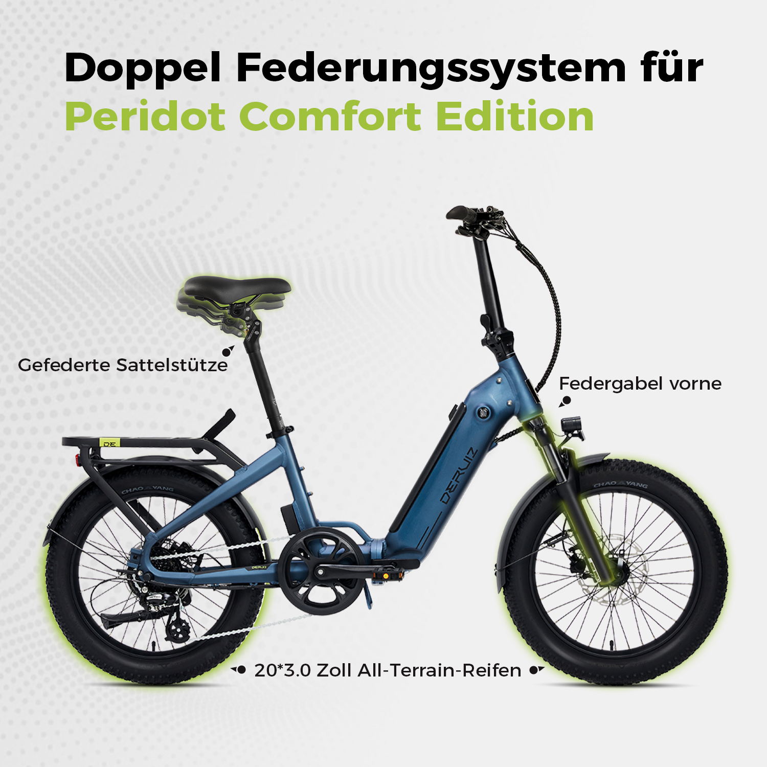 Blaues Klappfahrrad mit schwarzen Reifen, Sattel und Lenker. Text hebt Merkmale wie Federung und Reifengröße hervor.