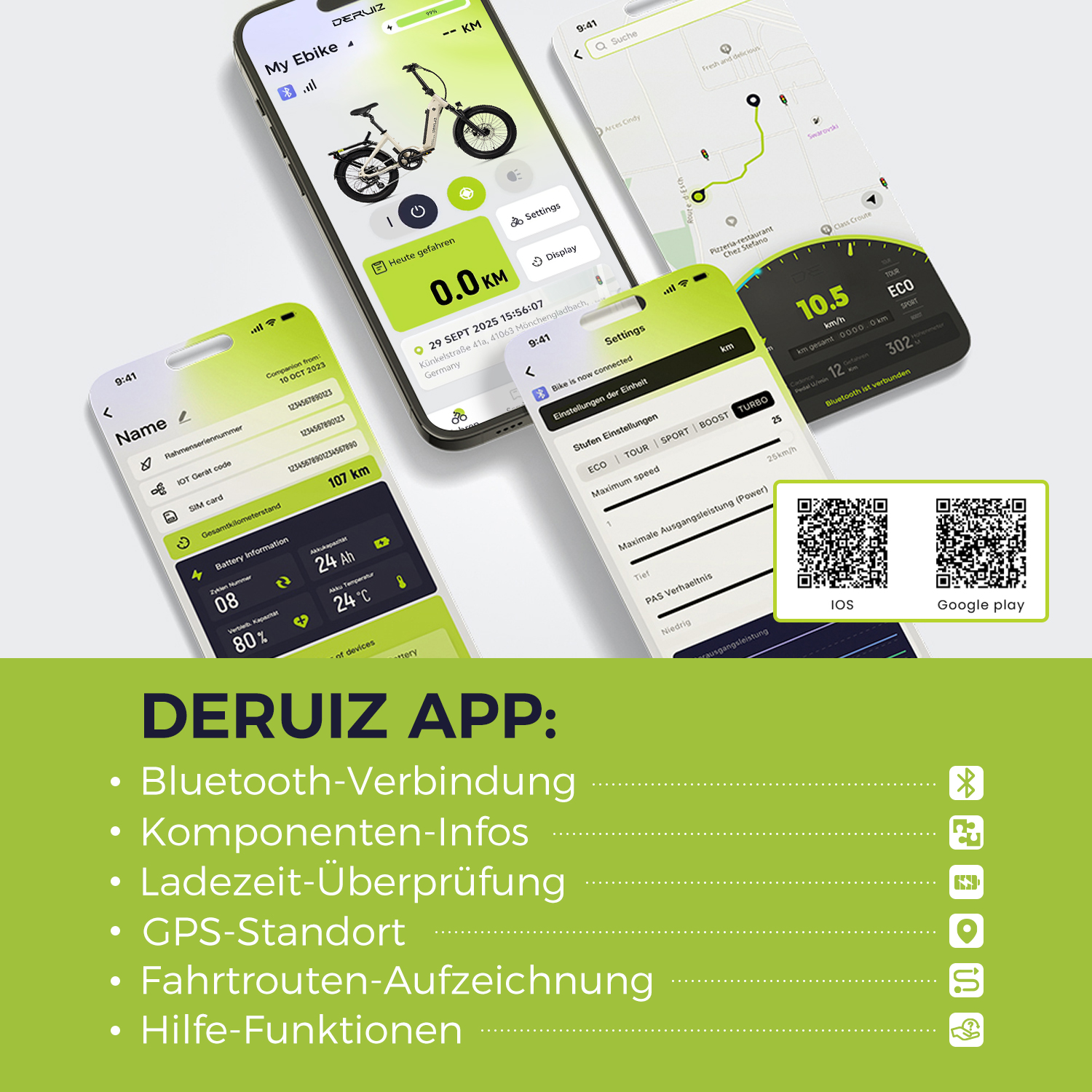 Bildschirme mit Fahrrad-App-Funktionen wie Geschwindigkeit, Akku und GPS-Standort. Außerdem QR-Codes zum Herunterladen.