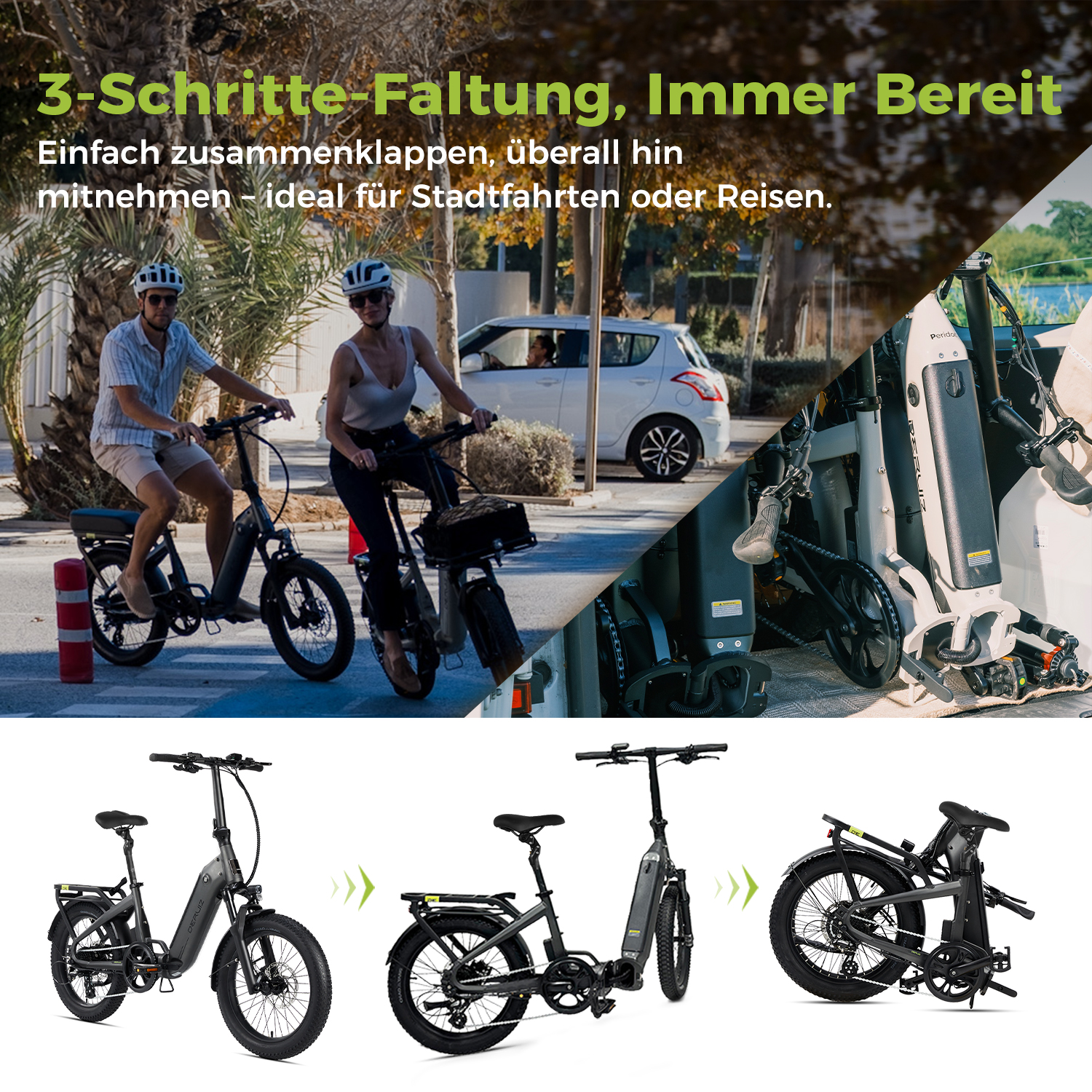Zwei Personen fahren E-Bikes. Im Hintergrund ein weißes Auto. Drei Bilder zeigen den Faltvorgang eines E-Bikes.