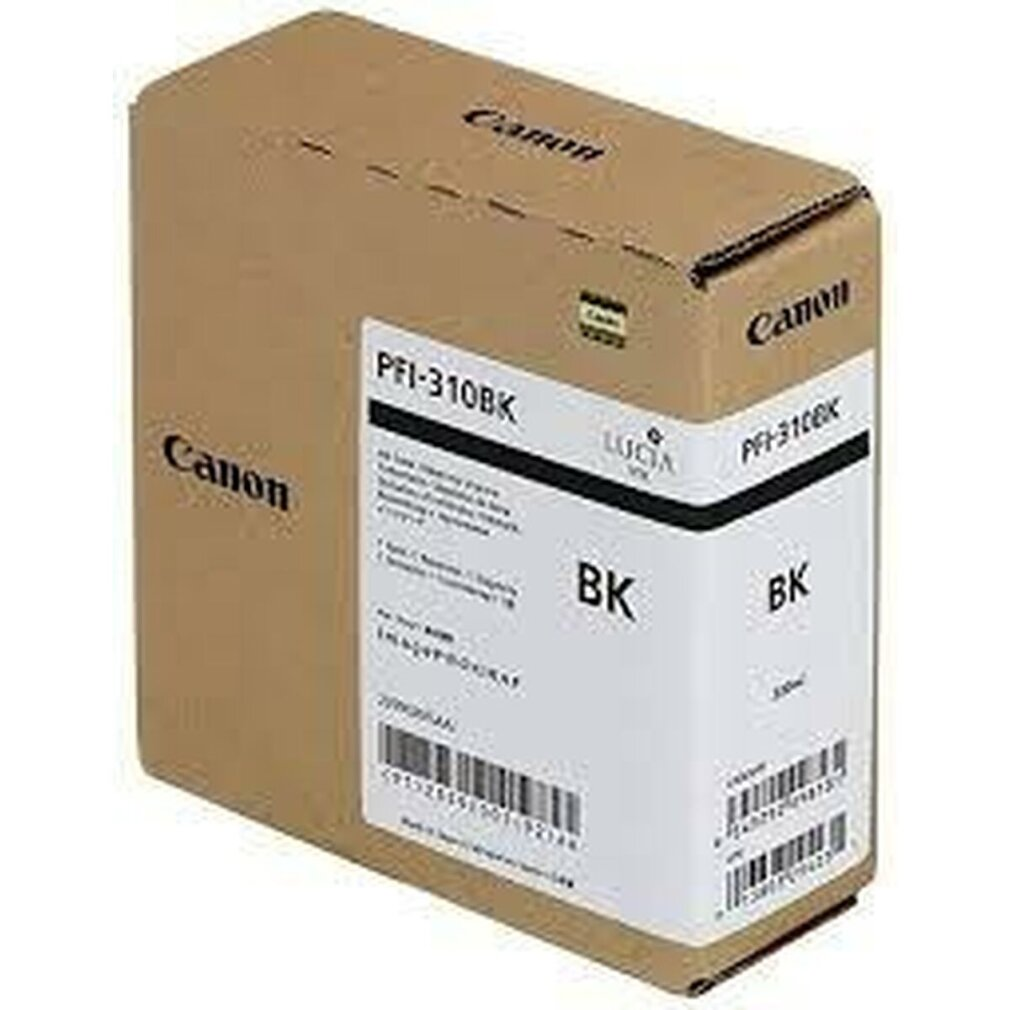 Een Canon PFI-310BK inktcartridge doos. De doos is bruin met witte labels met productdetails en BK, voor zwarte inkt.