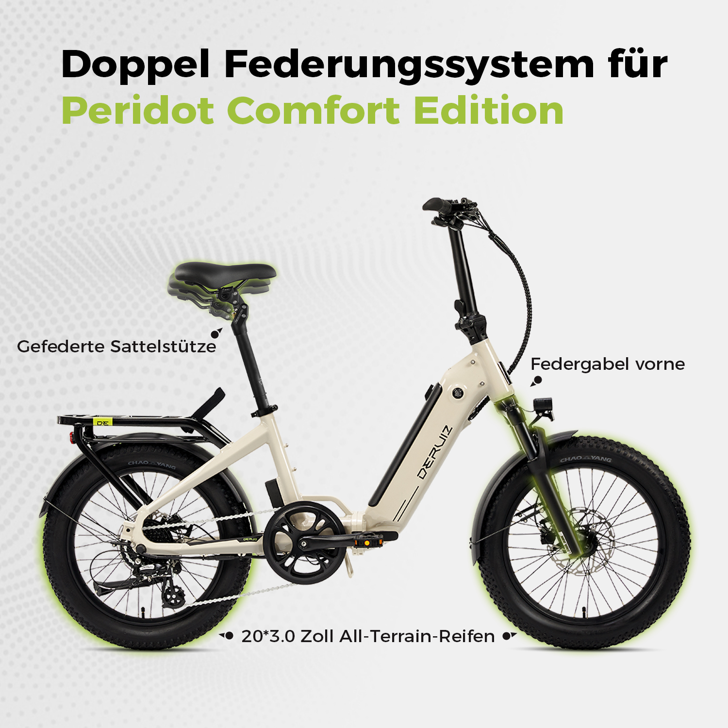 Ein cremefarbenes Elektrofahrrad mit schwarzen Reifen und Akzenten. Der Text hebt das Doppelfederungssystem für die Peridot Comfort Edition hervor.