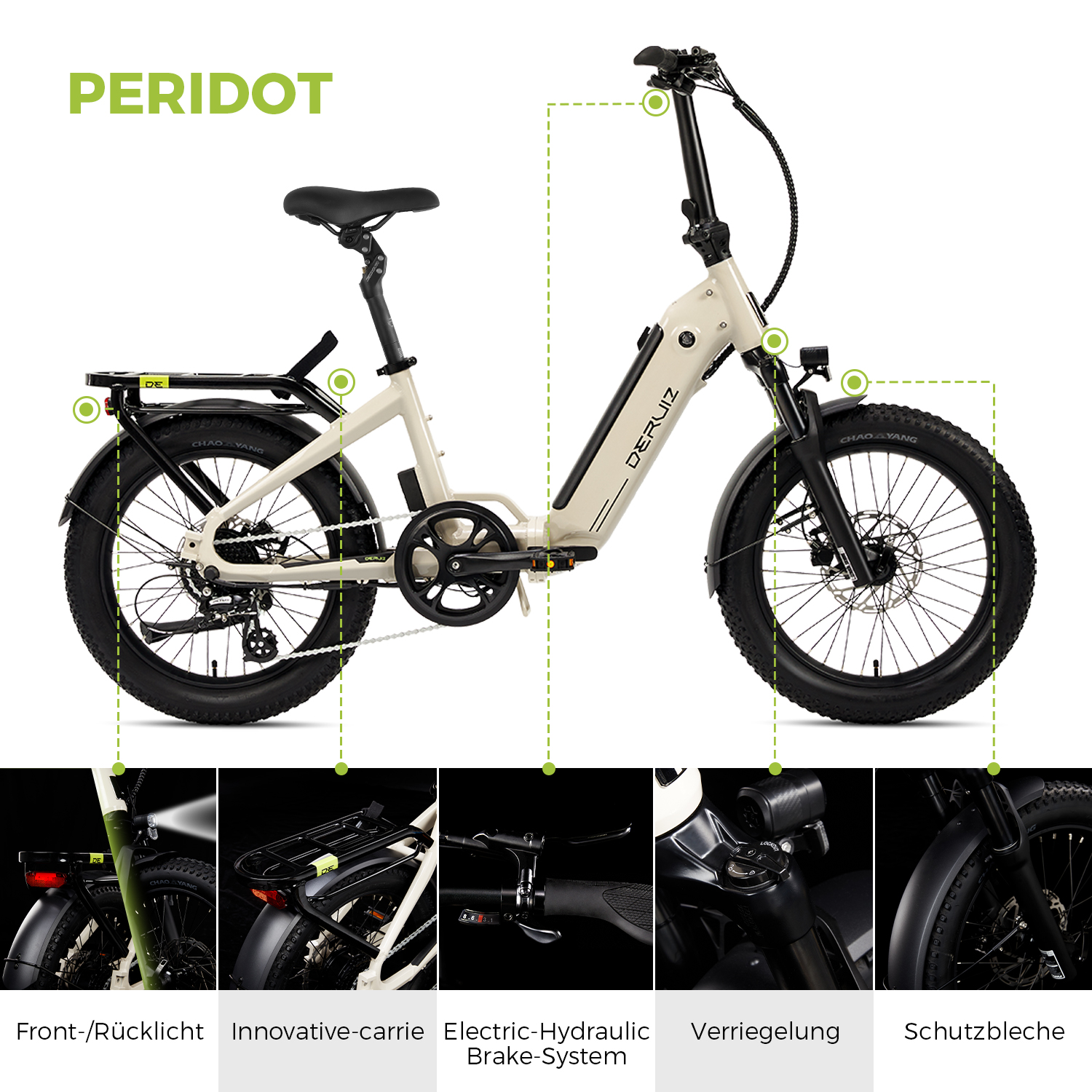 Ein cremefarbenes Peridot E-Bike, schwarze Reifen und Komponenten. Etiketten weisen auf verschiedene Teile wie Lichter, Gepäckträger und Bremssystem hin.