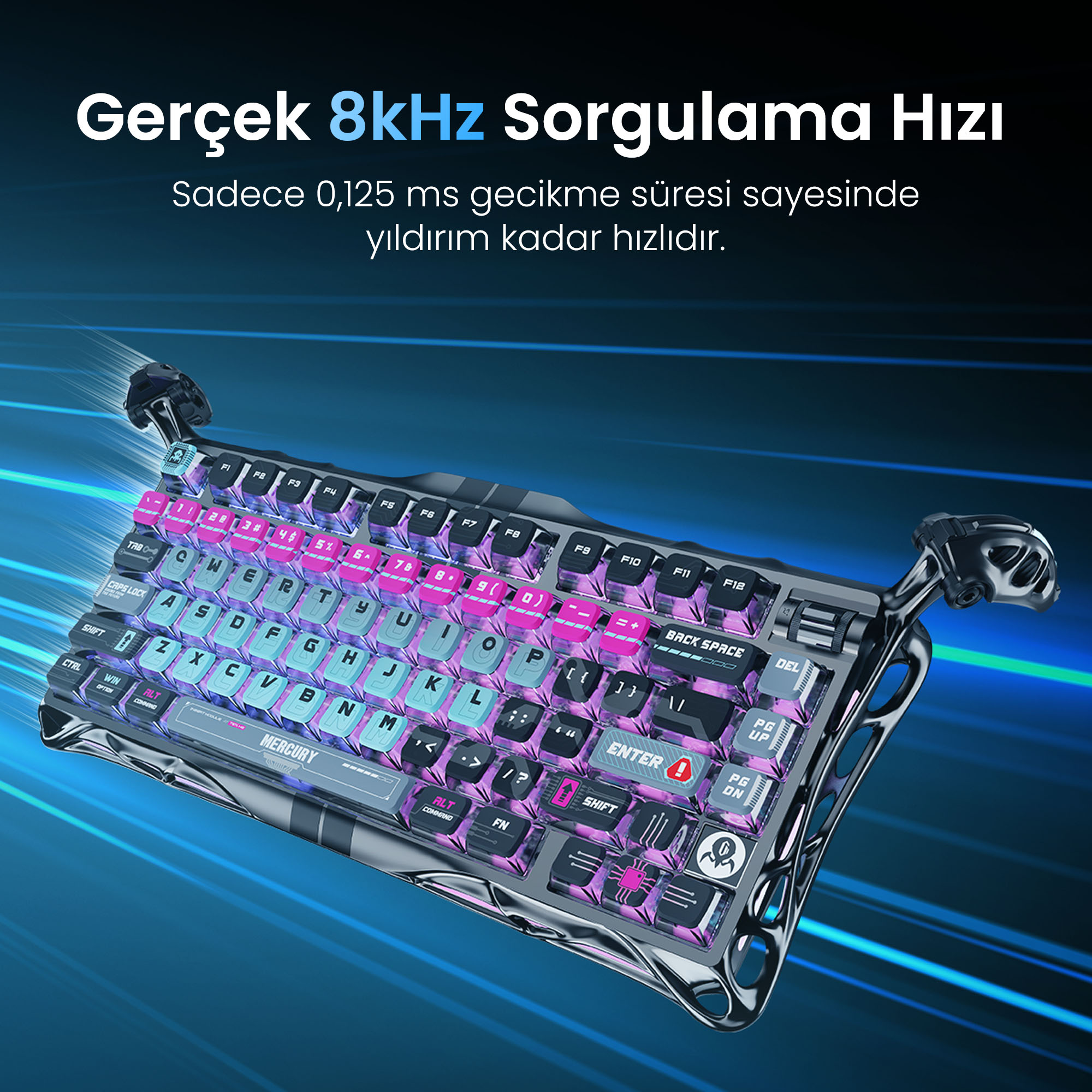 Klawiatura do gier z podświetlanymi klawiszami. Ma futurystyczny design z niebiesko-fioletową kolorystyką.