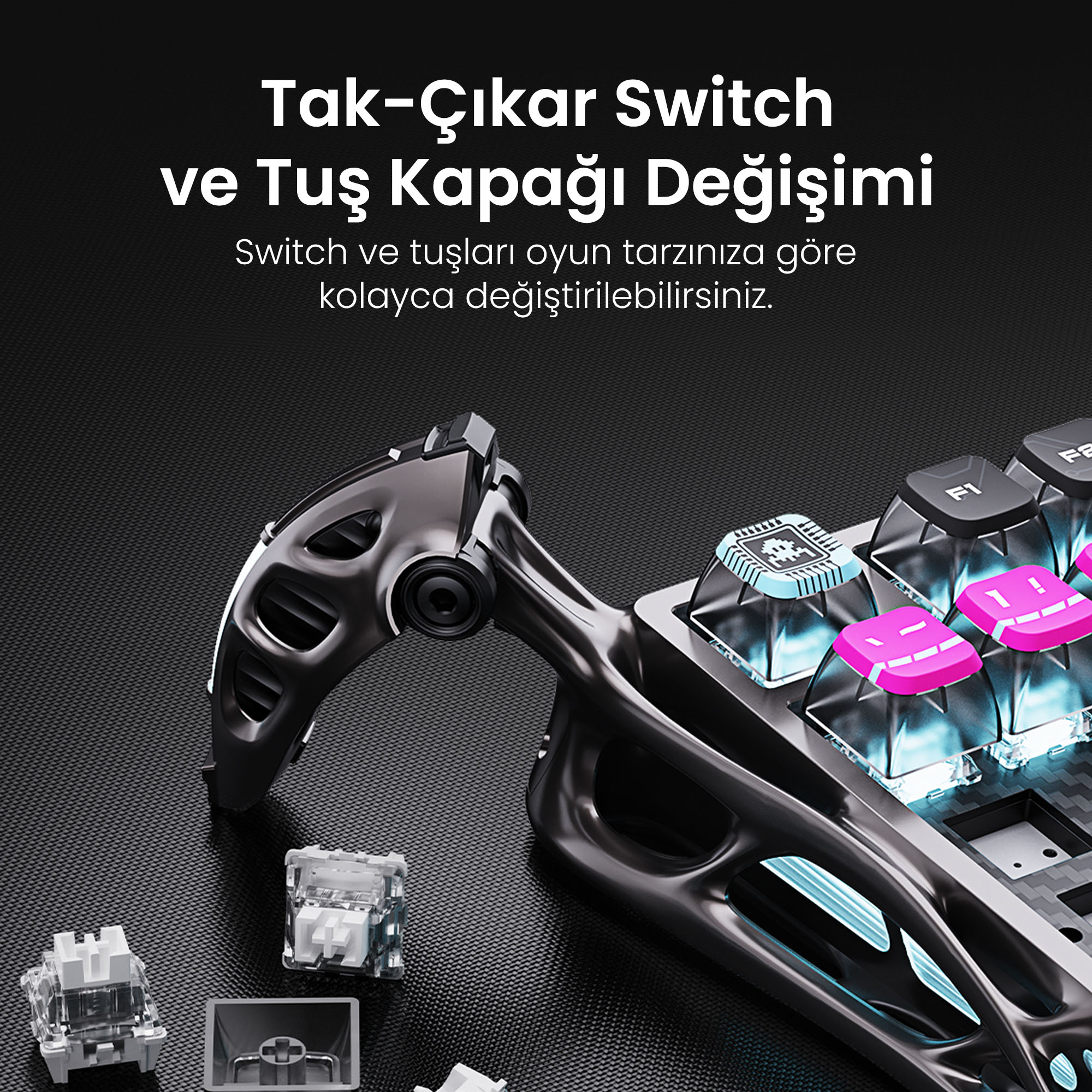 Obraz przedstawia klawiaturę z odłączanymi klawiszami i przełącznikami. Skupienie na mechanizmie i częściach zamiennych.