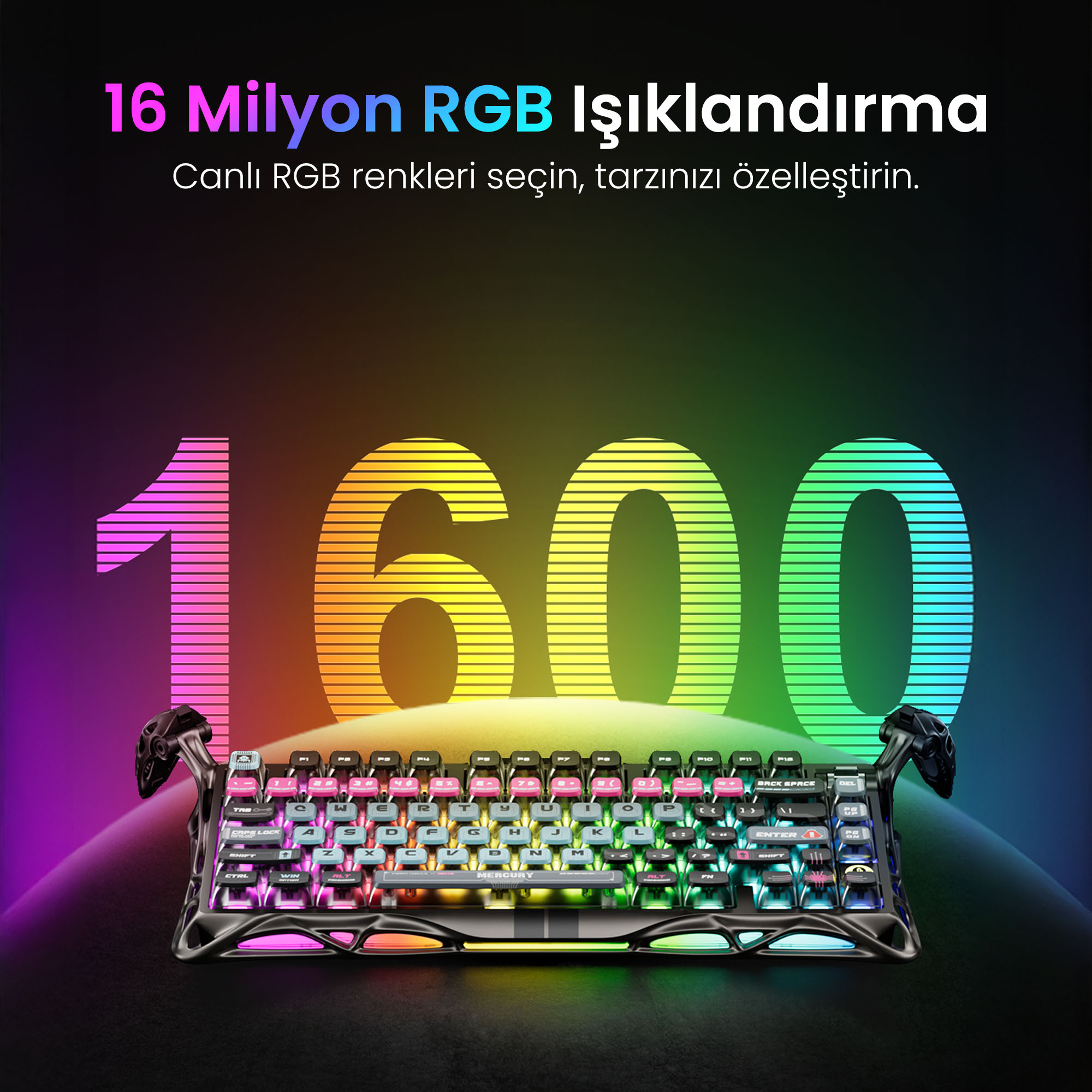 Klawiatura z kolorowymi klawiszami na gradientowym tle. Tekst mówi '16 Milionów podświetlenia RGB'.