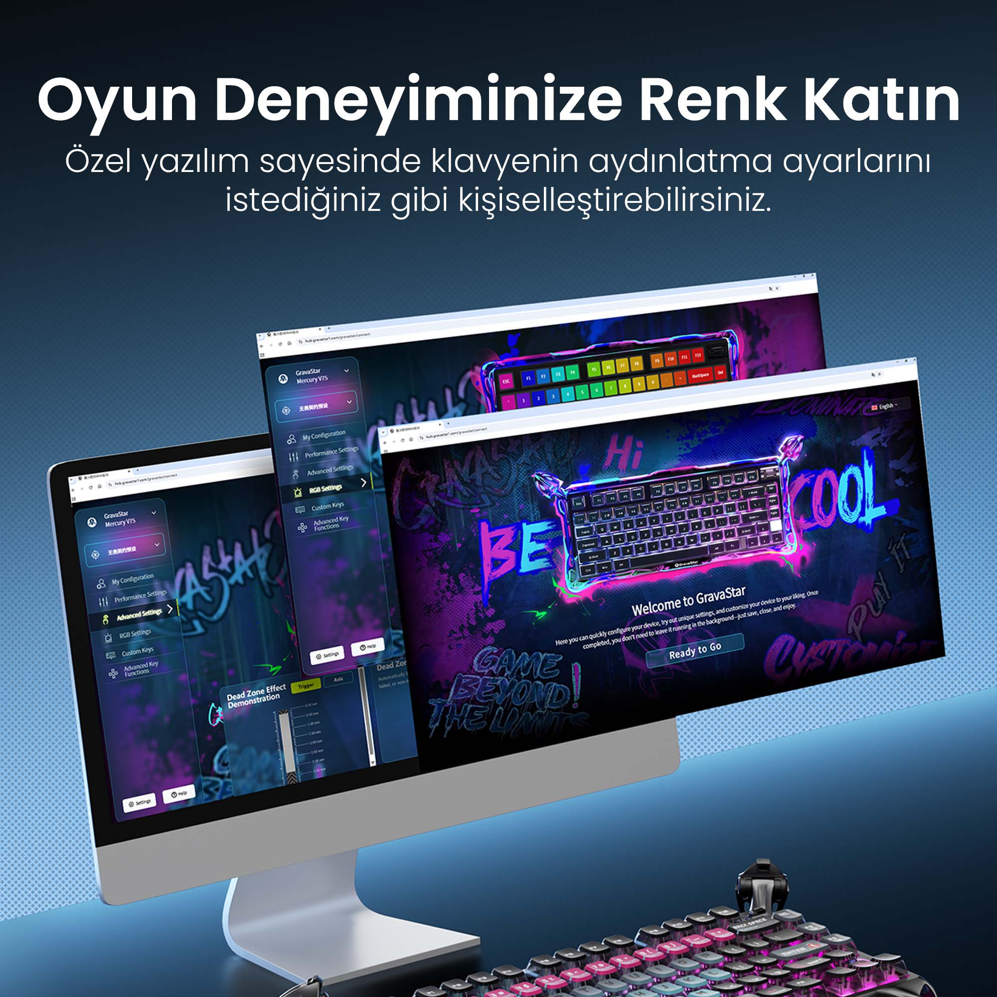 Obraz przedstawia klawiaturę z niestandardowymi ustawieniami światła na ekranie komputera. Widoczne są liczne ekrany.