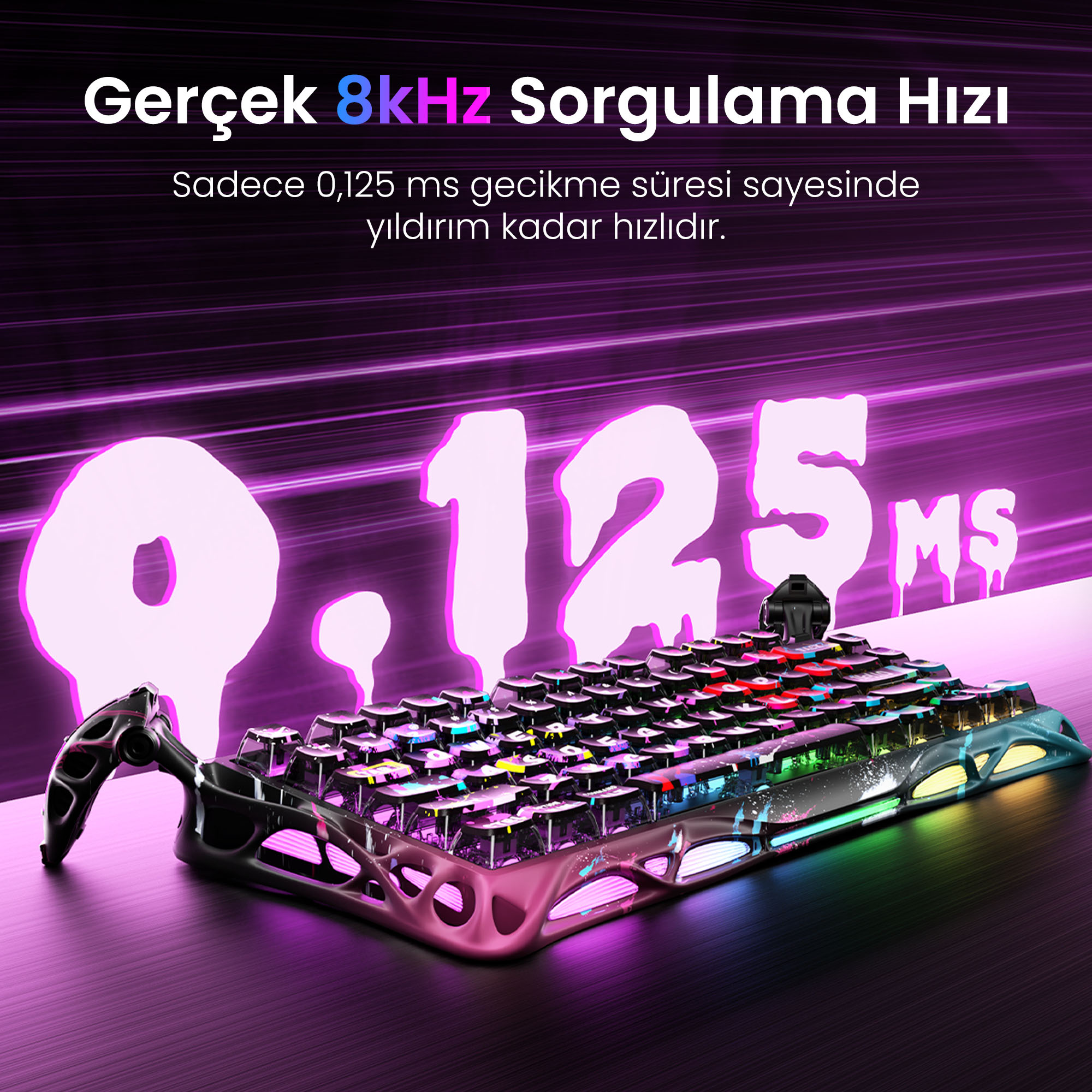 Klawiatura do gier z kolorowymi klawiszami. Neonowe fioletowe tło z tekstem: 8 kHz, 0,125 ms.