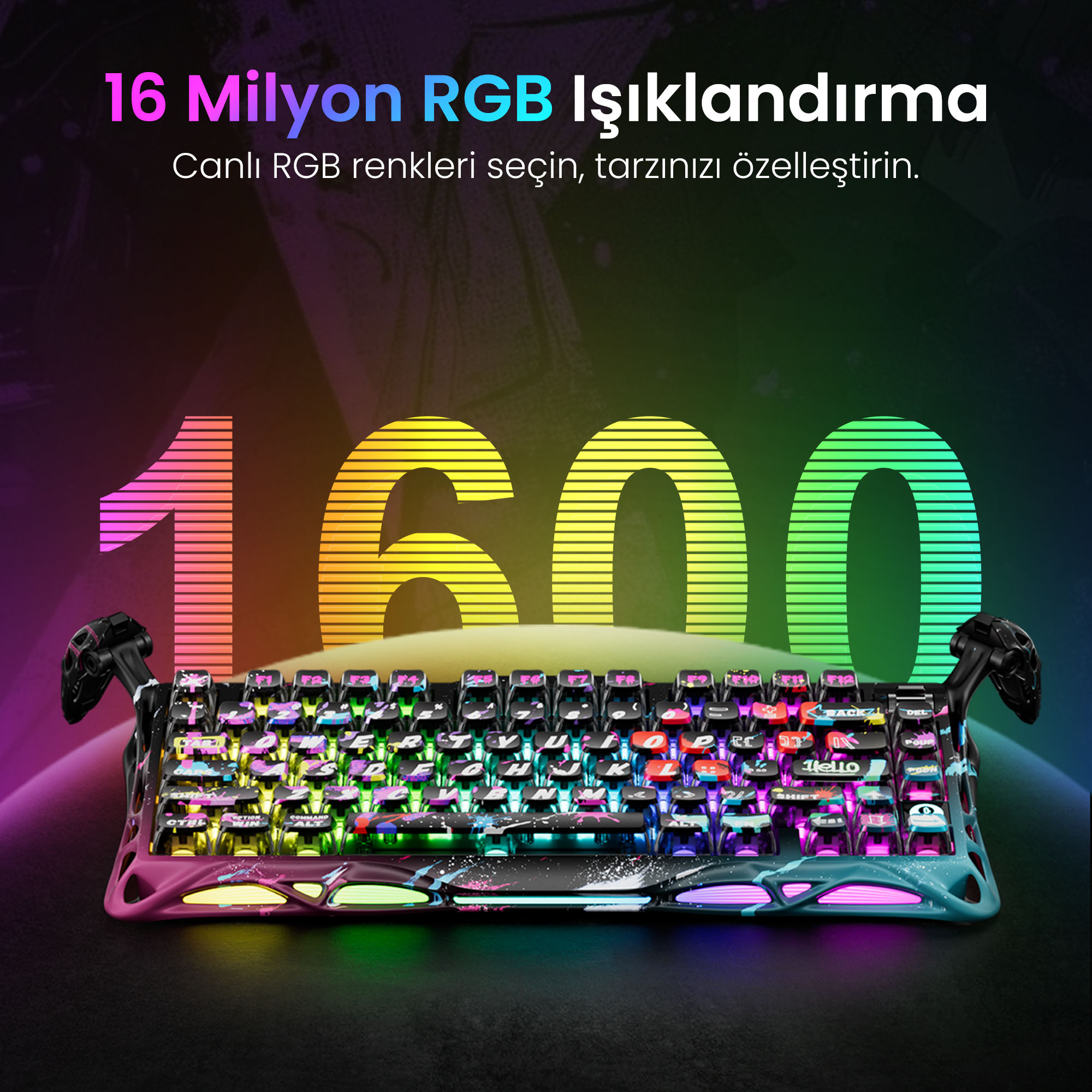 Obraz przedstawia podświetlaną klawiaturę z kolorowymi klawiszami. Tekst: 16 milionów podświetlenia RGB.
