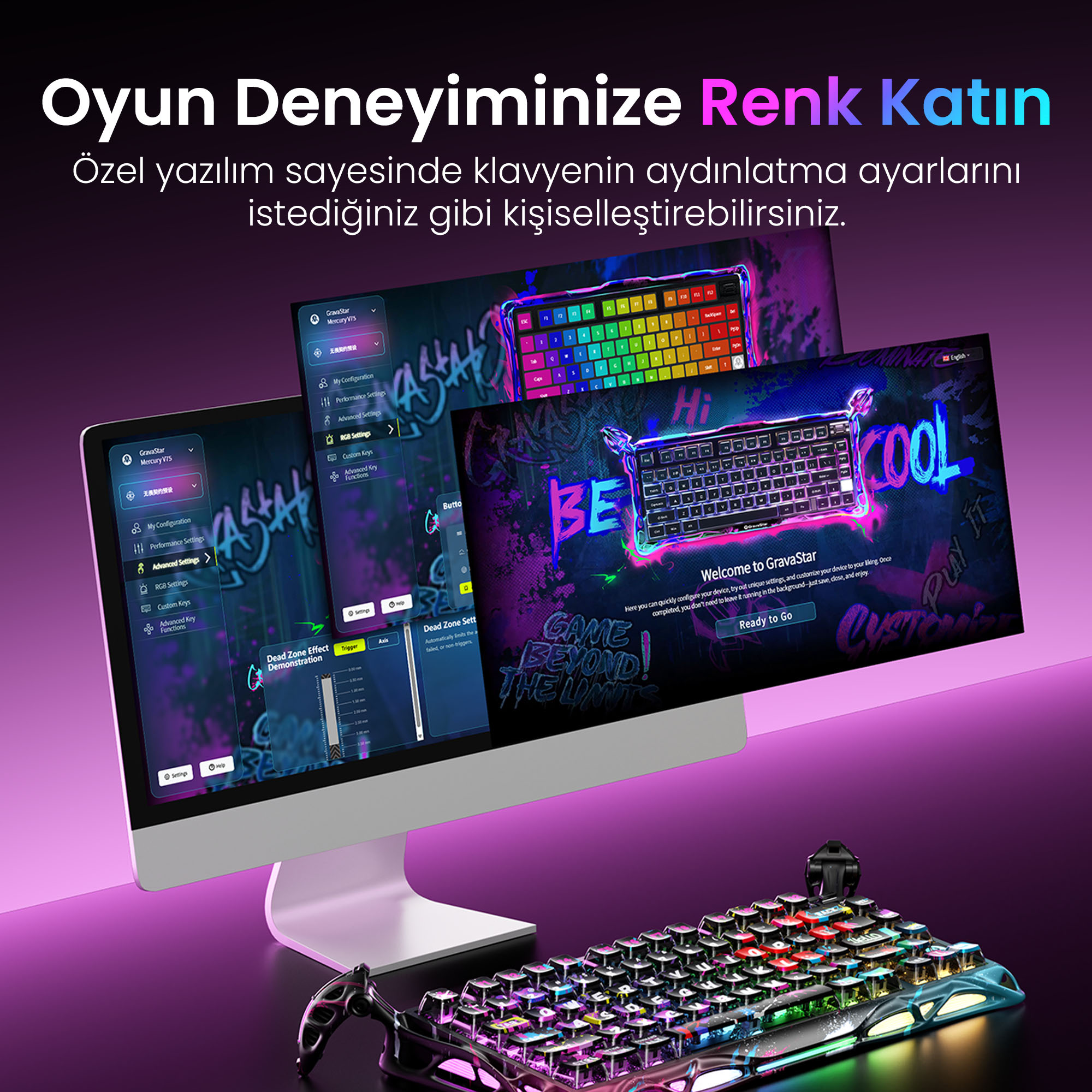 Klawiatura z kolorowymi klawiszami leży na biurku, z ekranem komputera pokazującym opcje dostosowywania.