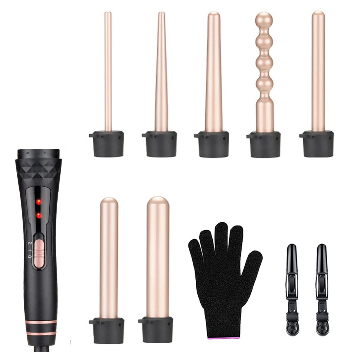 Haar-Lockenstab-Set mit mehreren Aufsätzen, einem Handschuh und Clips. Der Lockenstab ist schwarz mit roten Lichtern. Aufsätze sind goldfarben.