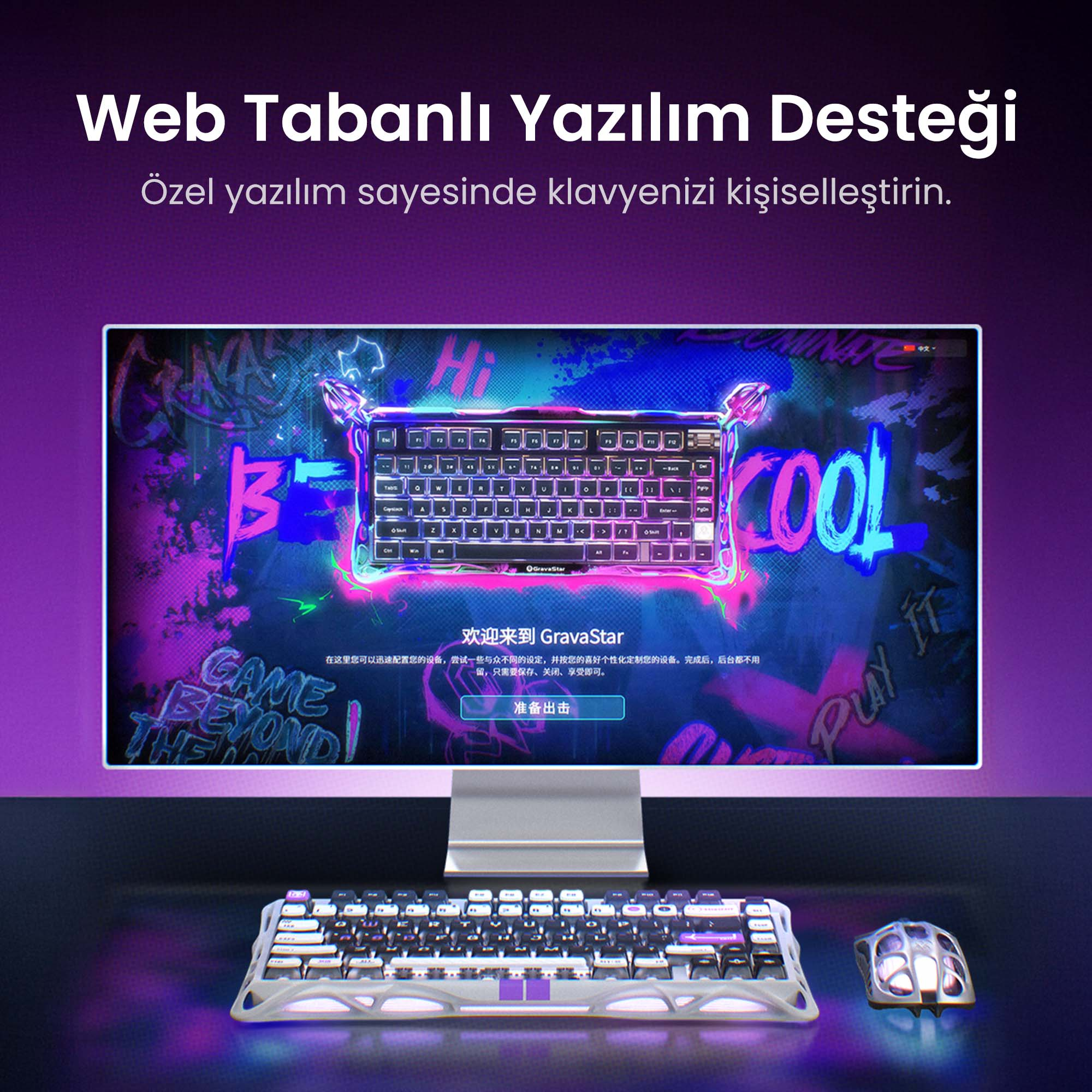 Konfiguracja klawiatury i myszy. Monitor wyświetla interfejs klawiatury z neonami i chińskim tekstem.