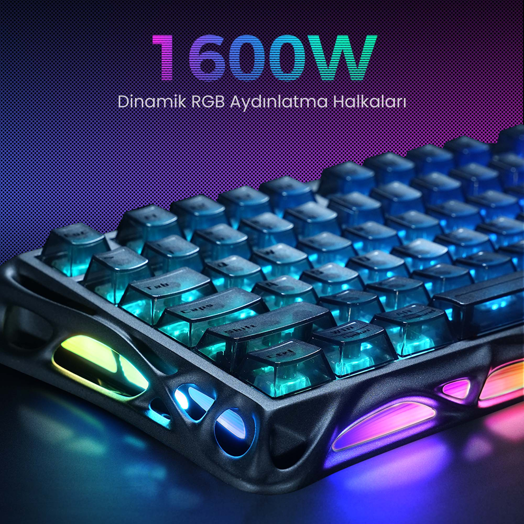 Klawiatura do gier z podświetleniem RGB. Klawisze są przezroczyste z niebieskim światłem. Na górze napis 1600W. Ramka ma kolorowe światła.