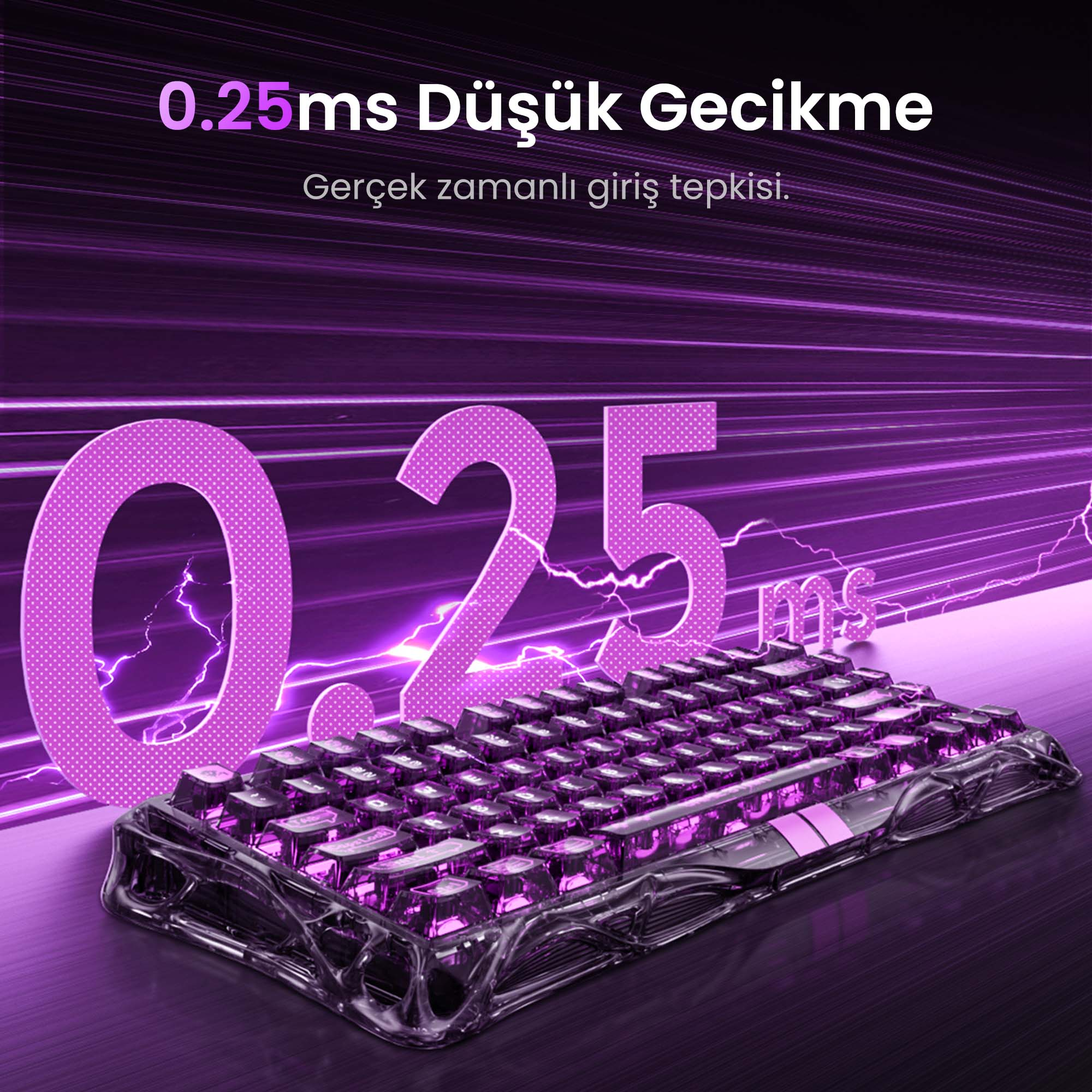Fioletowa klawiatura z podświetlanymi klawiszami na fioletowym tle gradientowym, z tekstem '0,25 ms' powyżej.