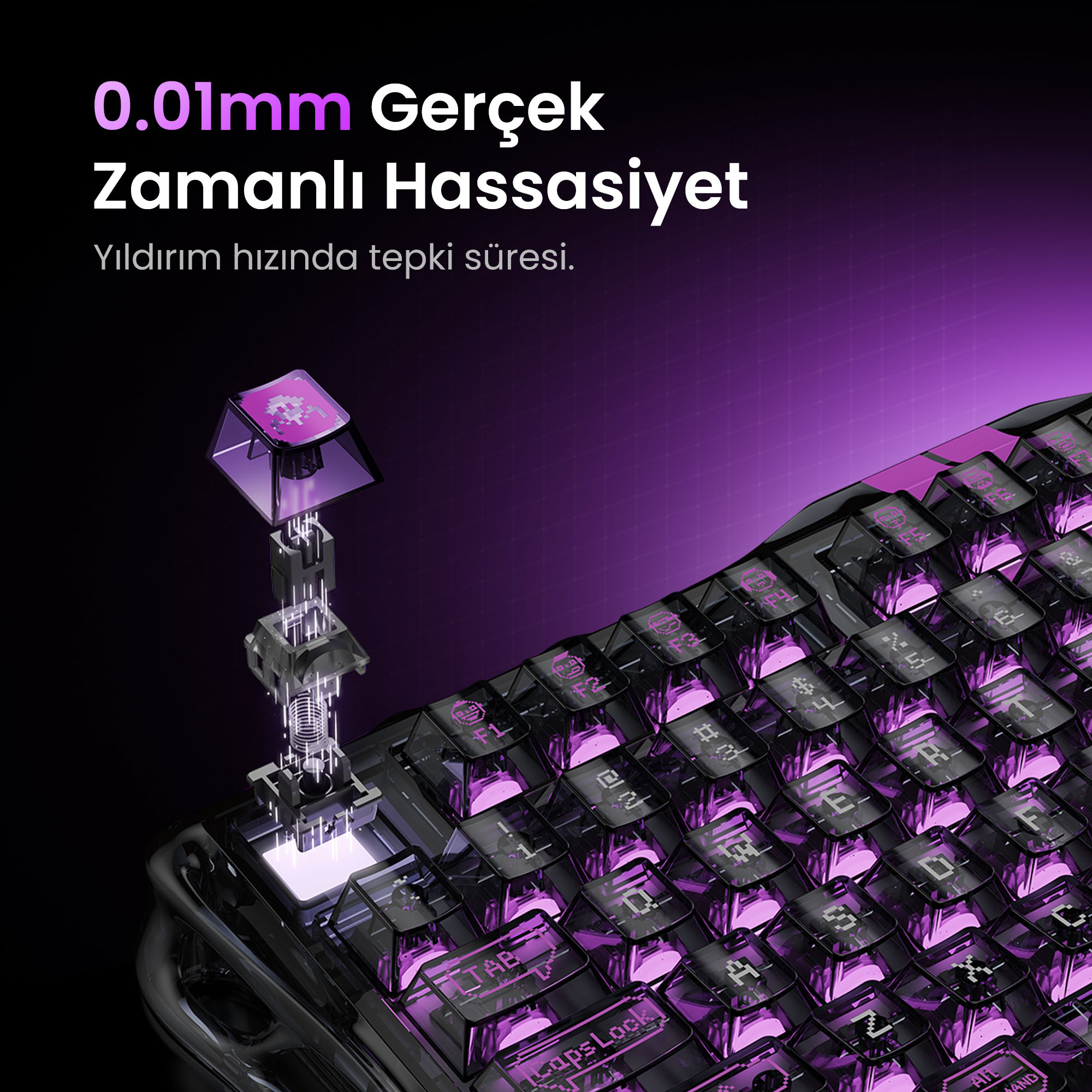 Zbliżenie klawiatury do gier z przezroczystymi klawiszami i fioletowym podświetleniem. Nasadka klawisza jest odłączona.