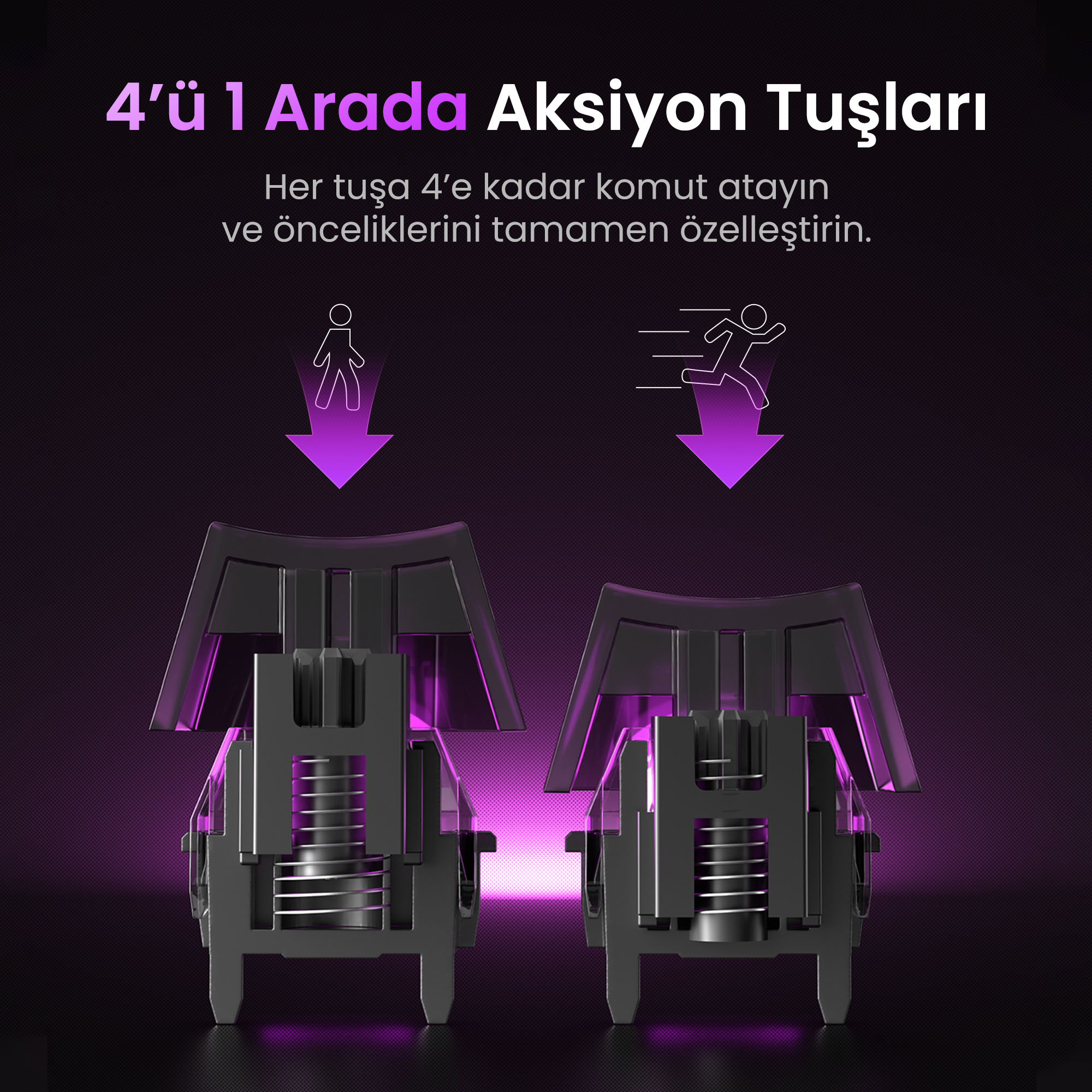 Dwa czarne przełączniki klawiatury z fioletowymi elementami. Turecki tekst, ikony biegaczy i strzałki w dół.