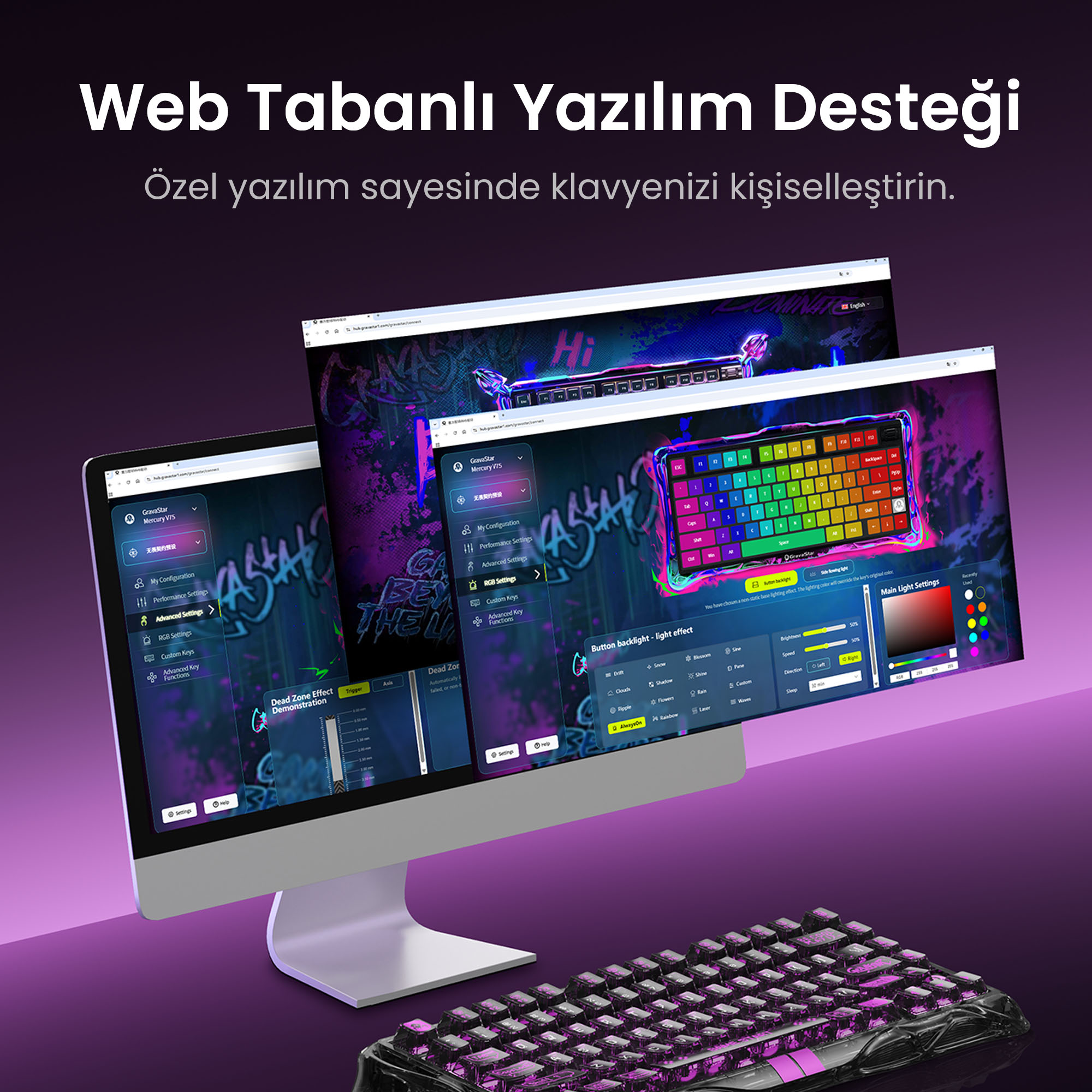 Klawiatura z ekranem wyświetlającym ustawienia. Tło jest ciemnofioletowe.