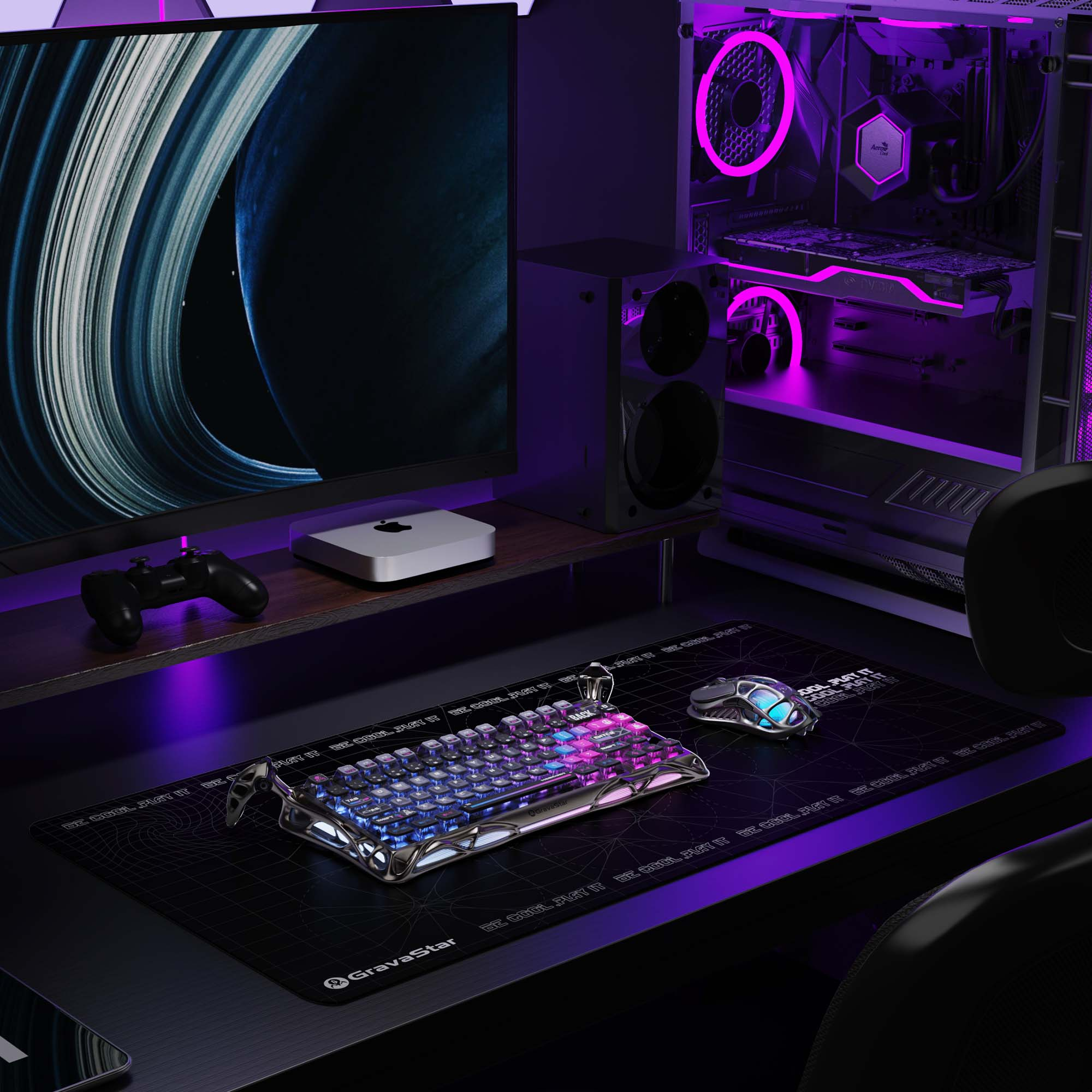 Konfiguracja do gier z klawiaturą, myszą i komputerem. Monitor wyświetla planetę. Fioletowe światła oświetlają scenę.