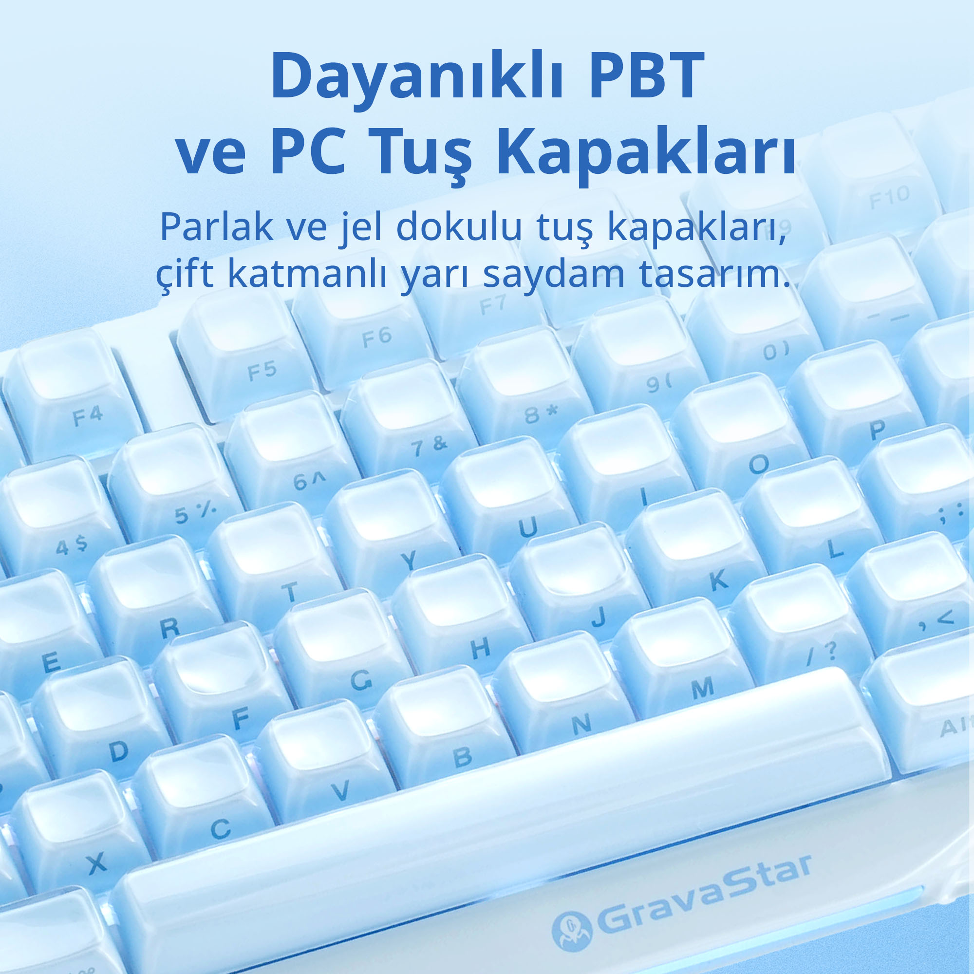 Zbliżenie białej i niebieskiej klawiatury. Klawisze są przezroczyste, z niebieskim podświetleniem. Marka to Gravastar.