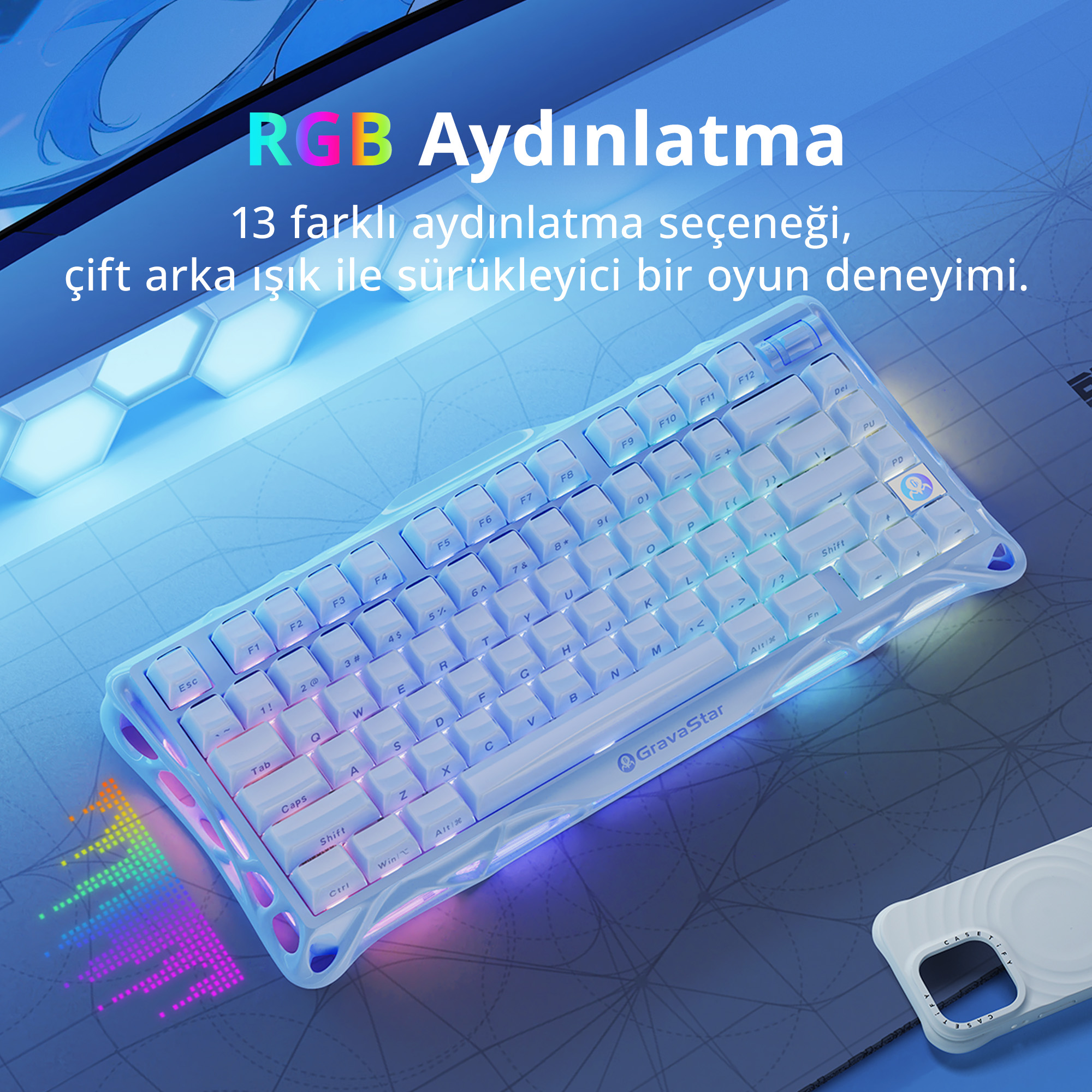 Biała klawiatura do gier z podświetleniem RGB. Ma niebieską ramkę i jest na niebieskiej powierzchni.