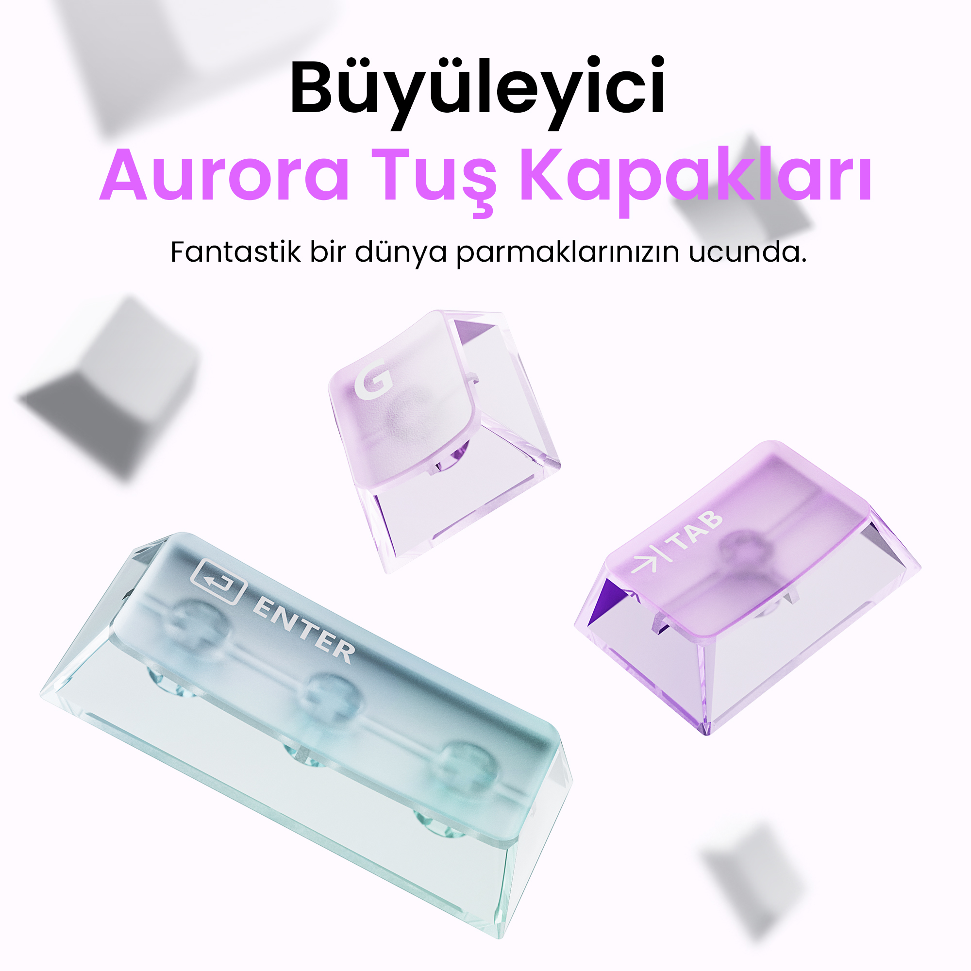 Trzy podświetlane nakładki na klawisze: Enter, G i Tab, w odcieniach niebieskiego, fioletowego i różowego, unoszące się na białym tle.