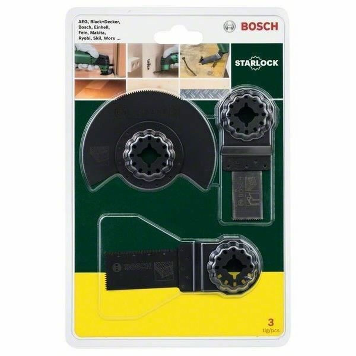 Bosch Starlock Multitool-Klingen in Verpackung. Enthält eine halbkreisförmige Klinge und zwei rechteckige Klingen. Gelber und grüner Hintergrund.